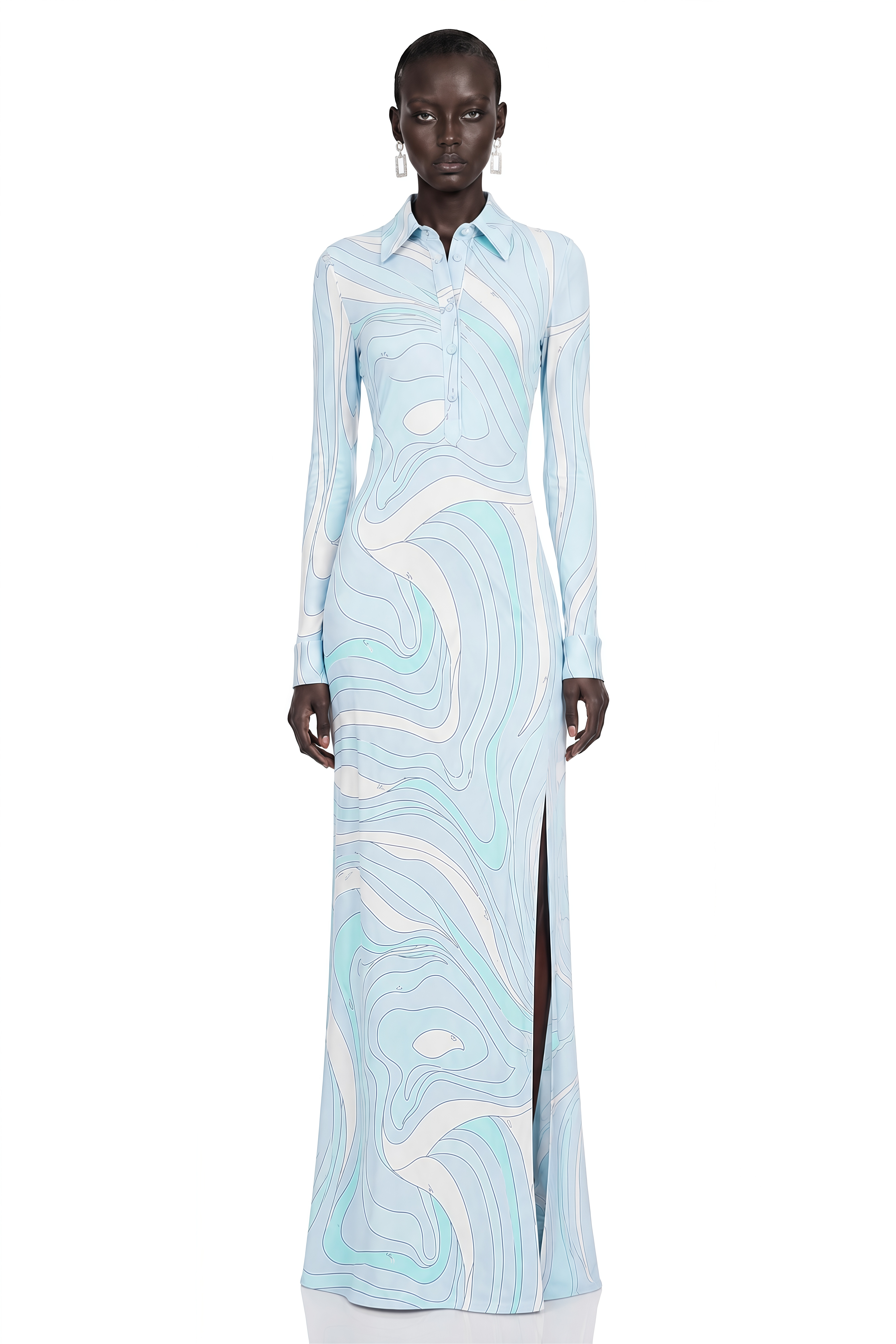 Kyomi Light Blue Printed Long Sleeve Maxi Dress