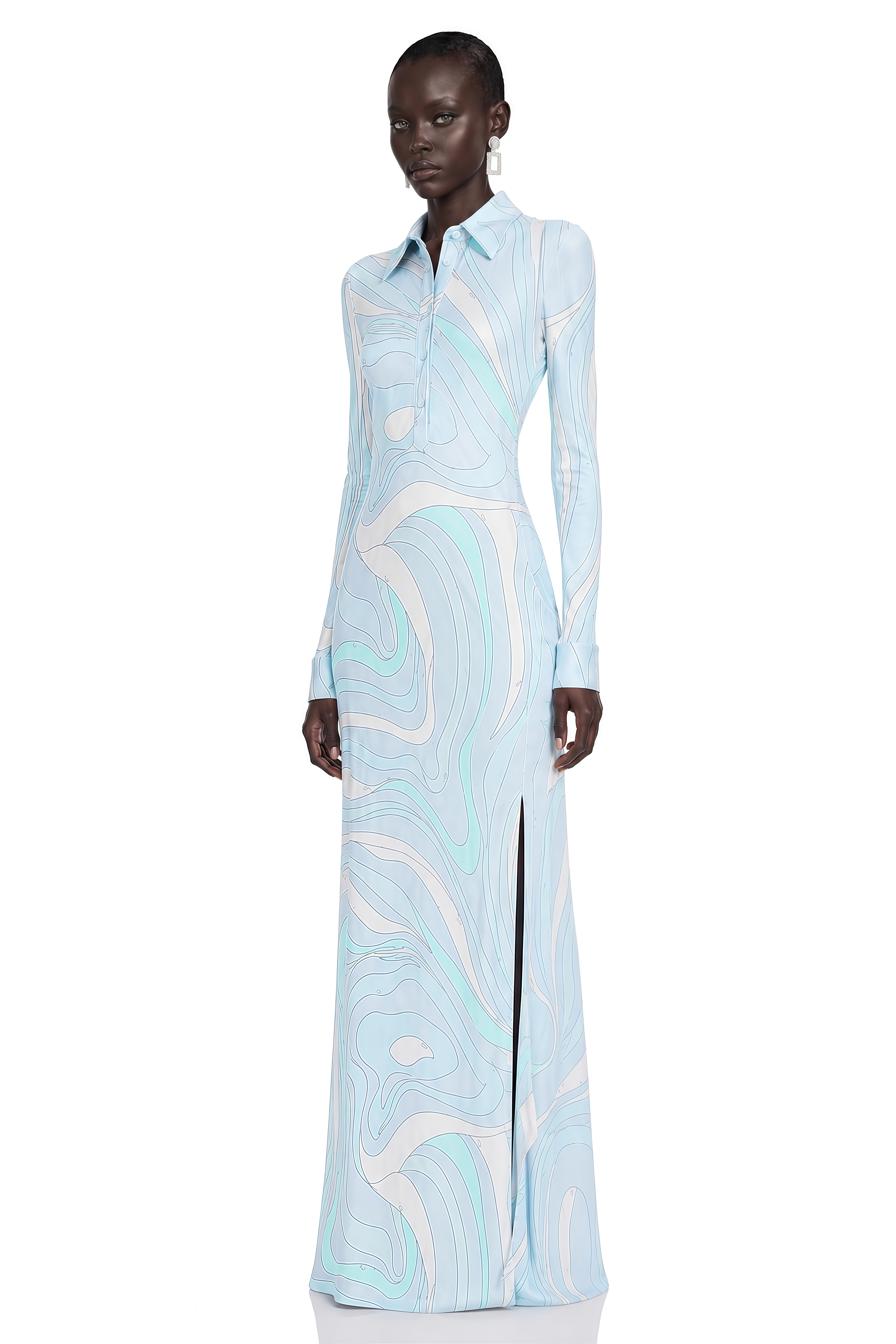 Kyomi Light Blue Printed Long Sleeve Maxi Dress