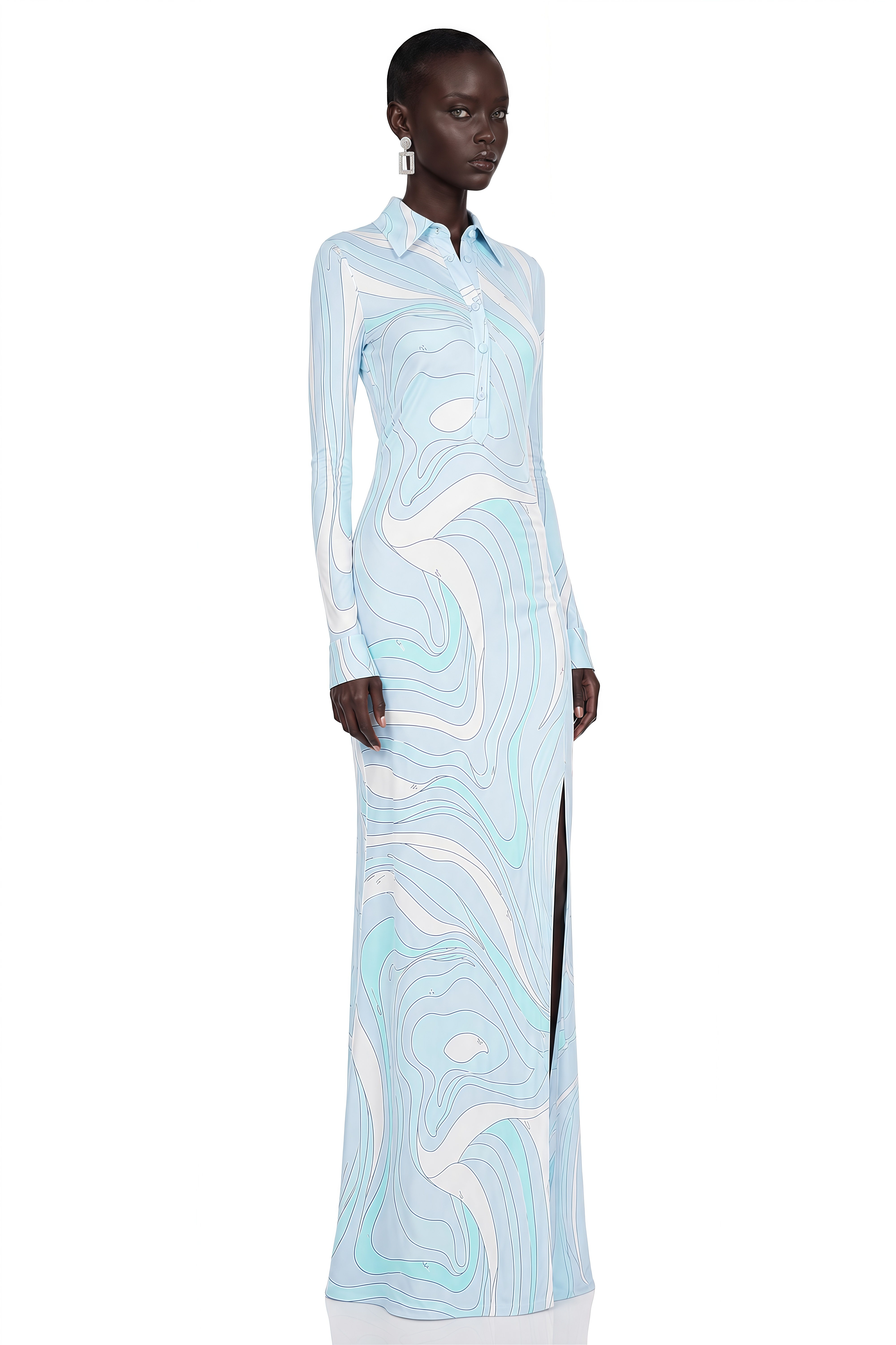 Kyomi Light Blue Printed Long Sleeve Maxi Dress