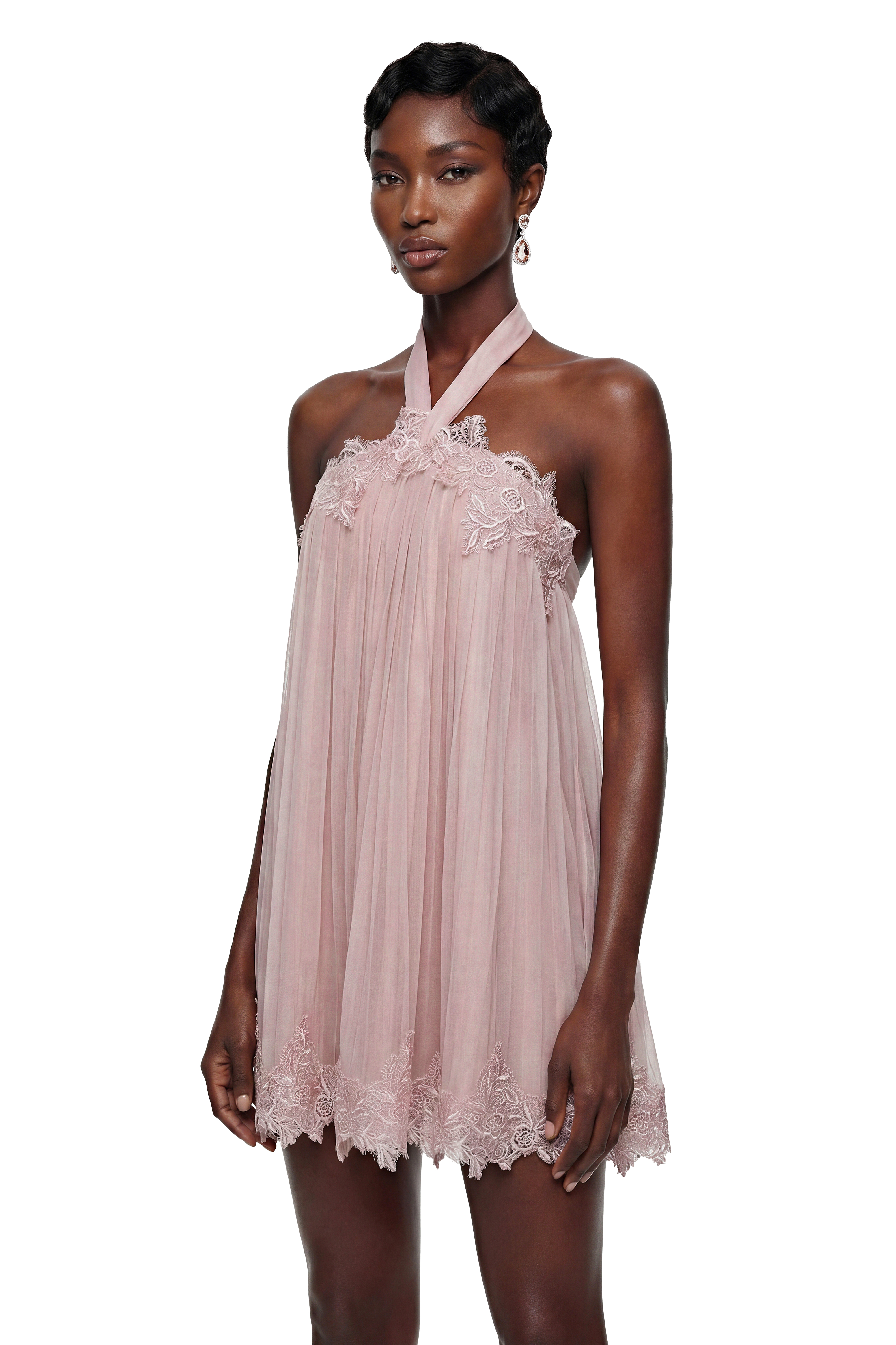 Léonie Pink Cross Front Mini Dress with Lace Trim