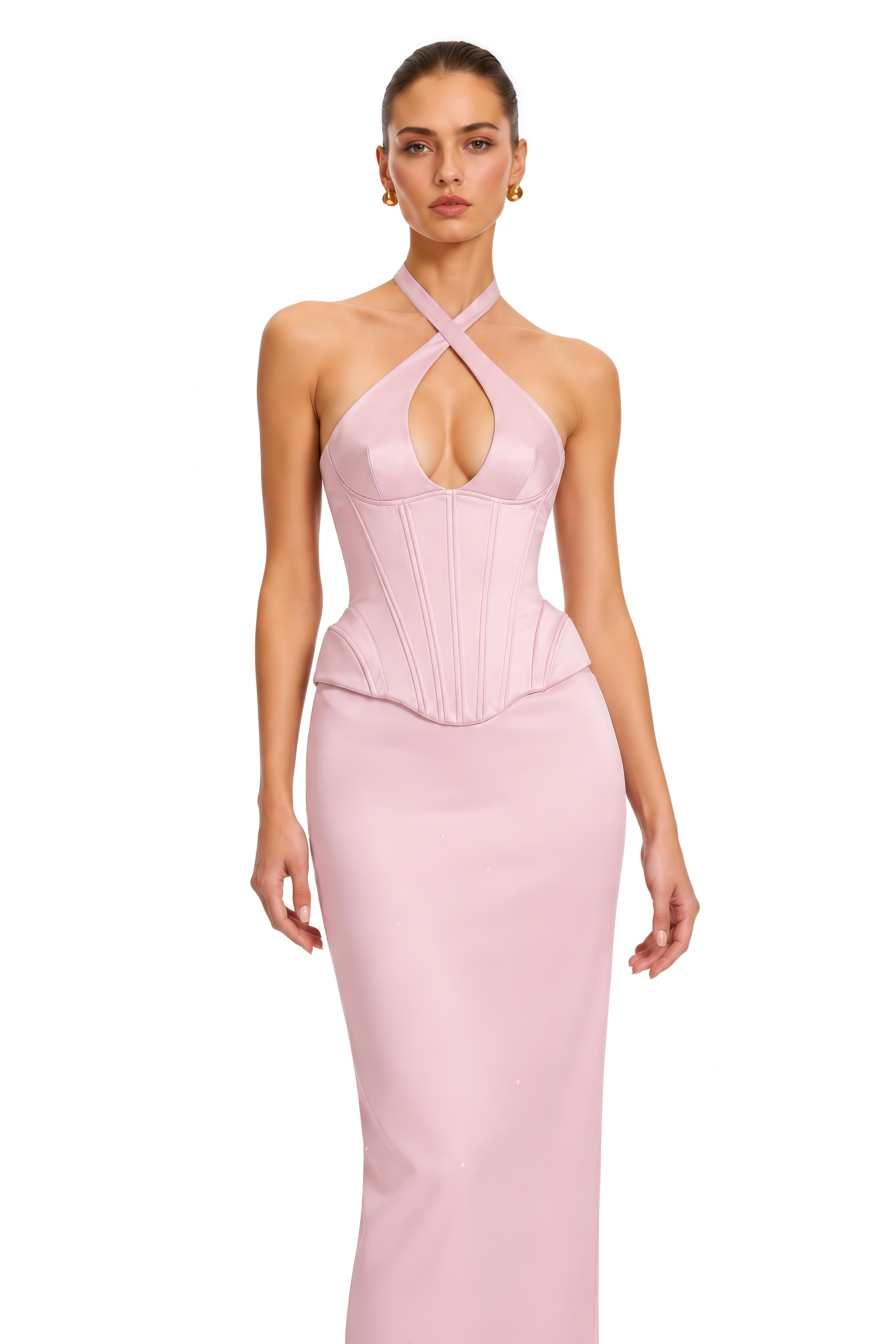 Lainey Pink Cut-Out Halterneck Corset Top & Skirt Set