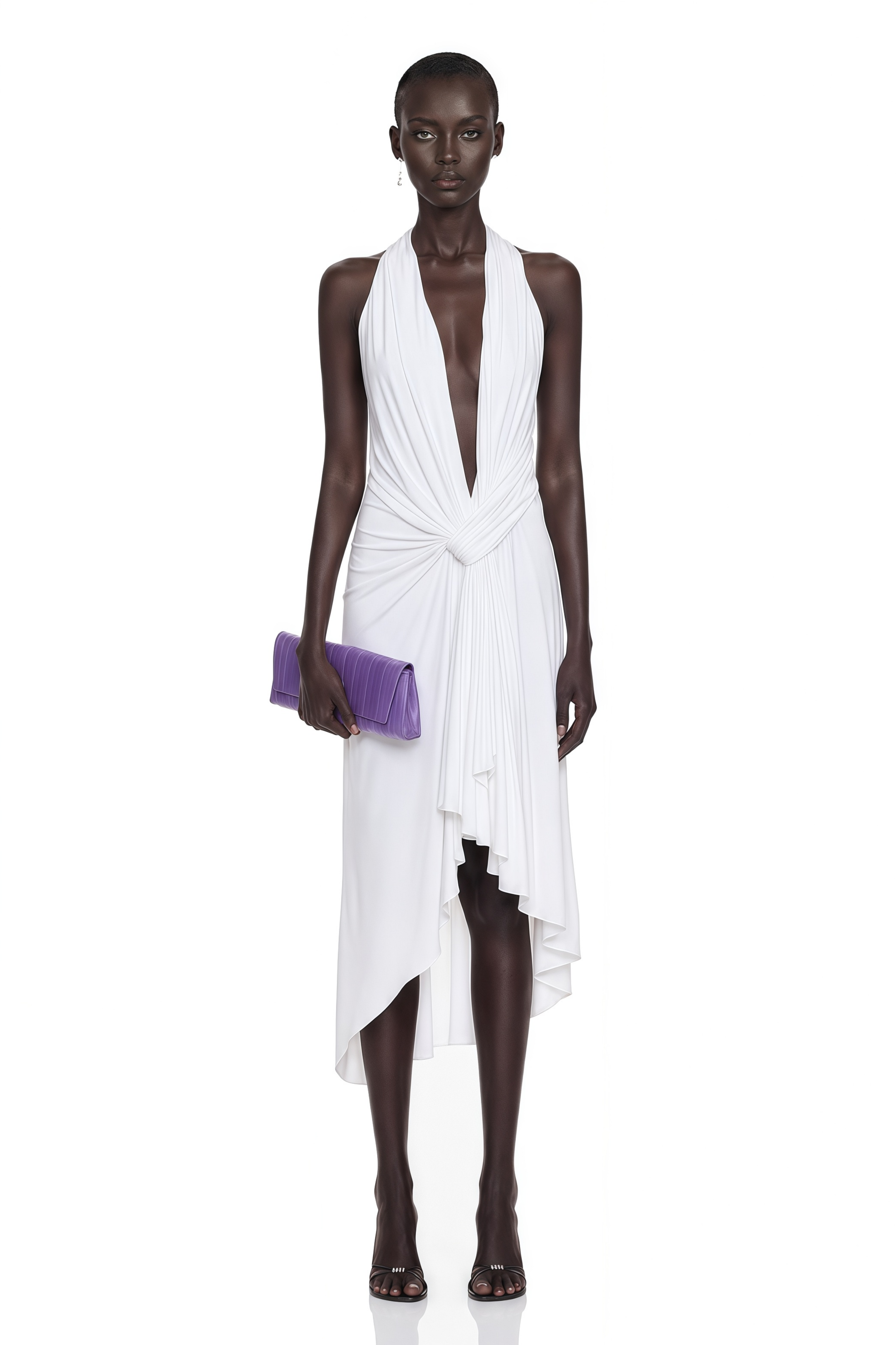 Lainey White Plunging Draped Midi Dress
