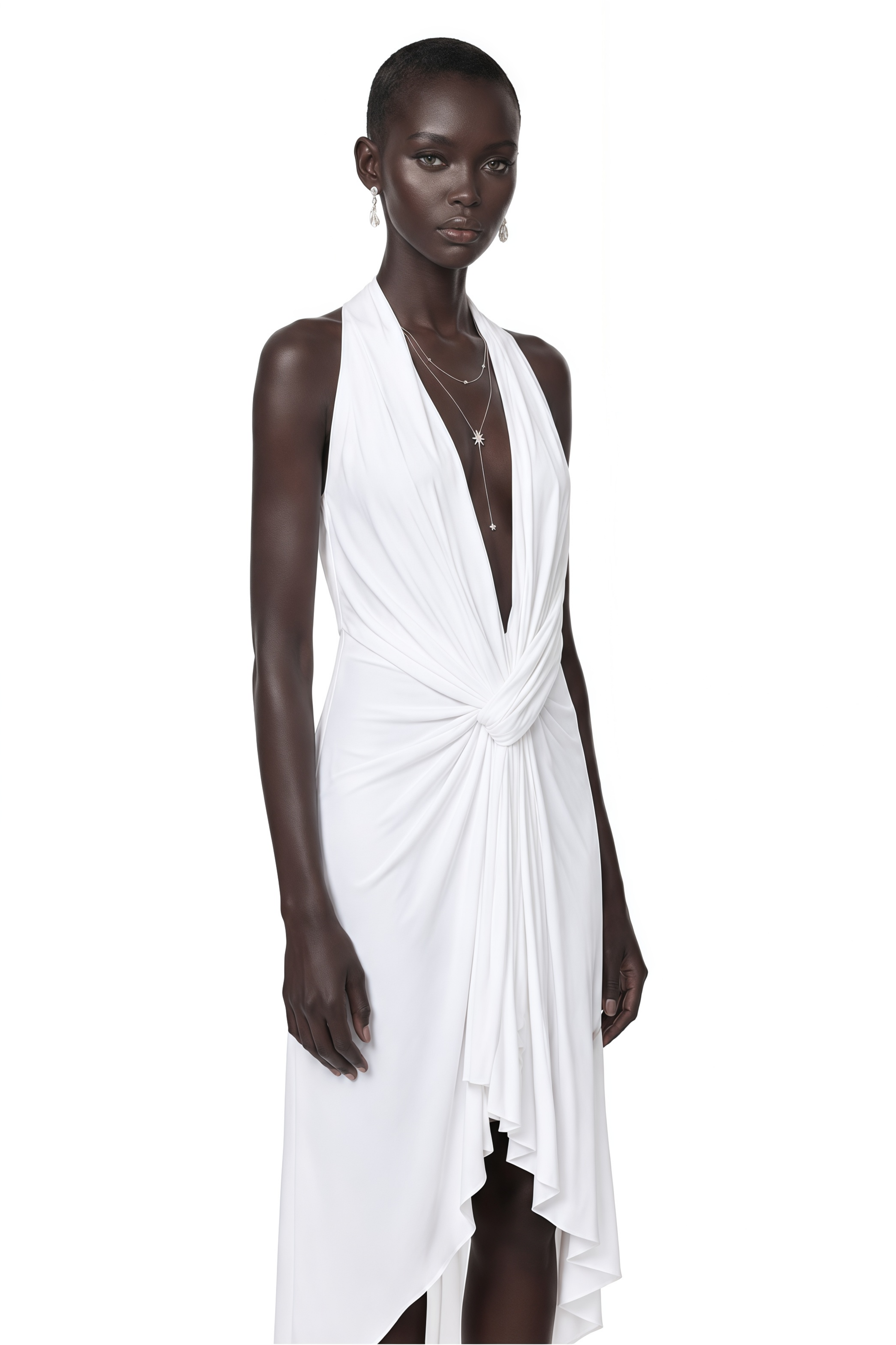 Lainey White Plunging Draped Midi Dress