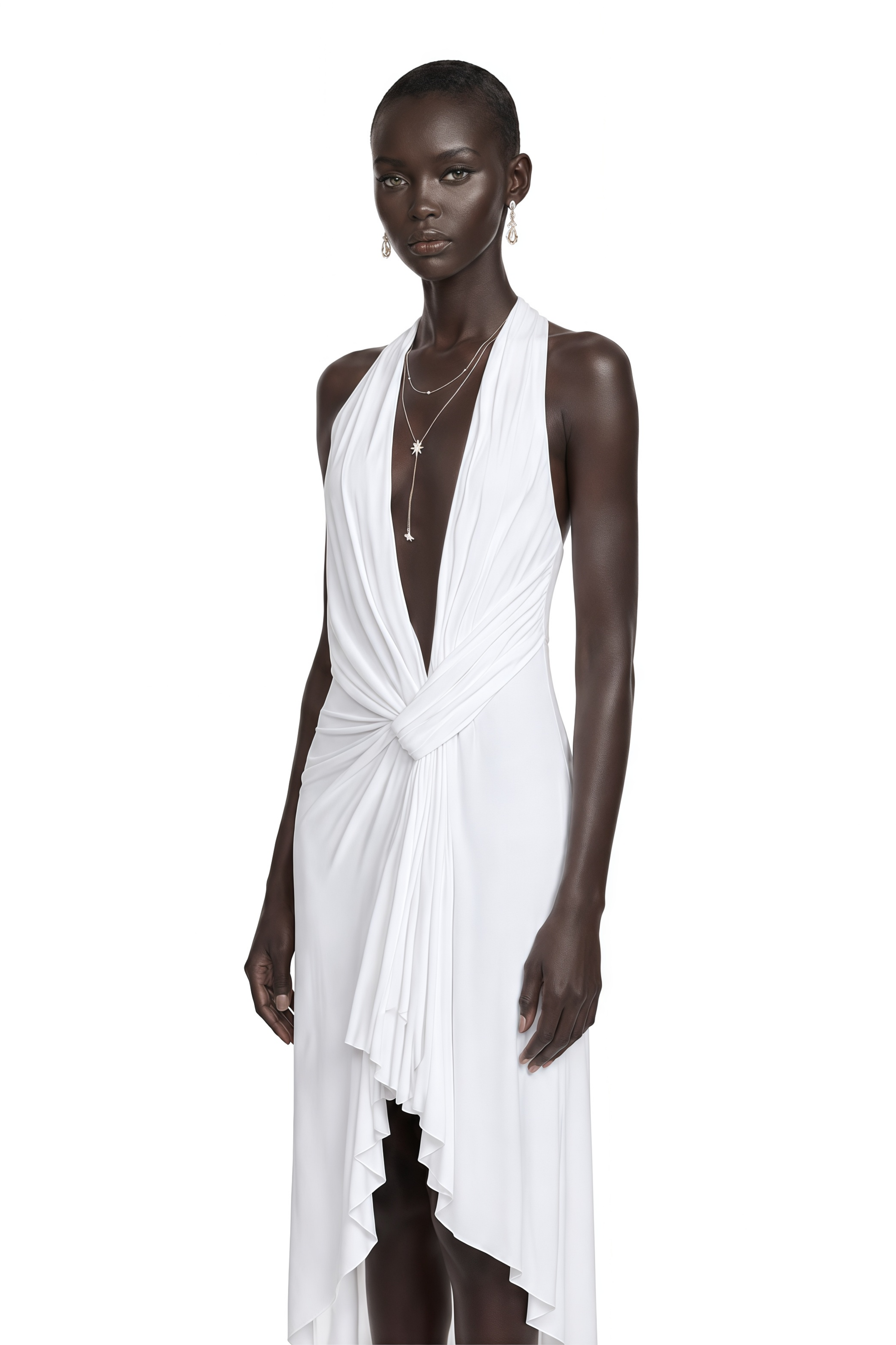 Lainey White Plunging Draped Midi Dress