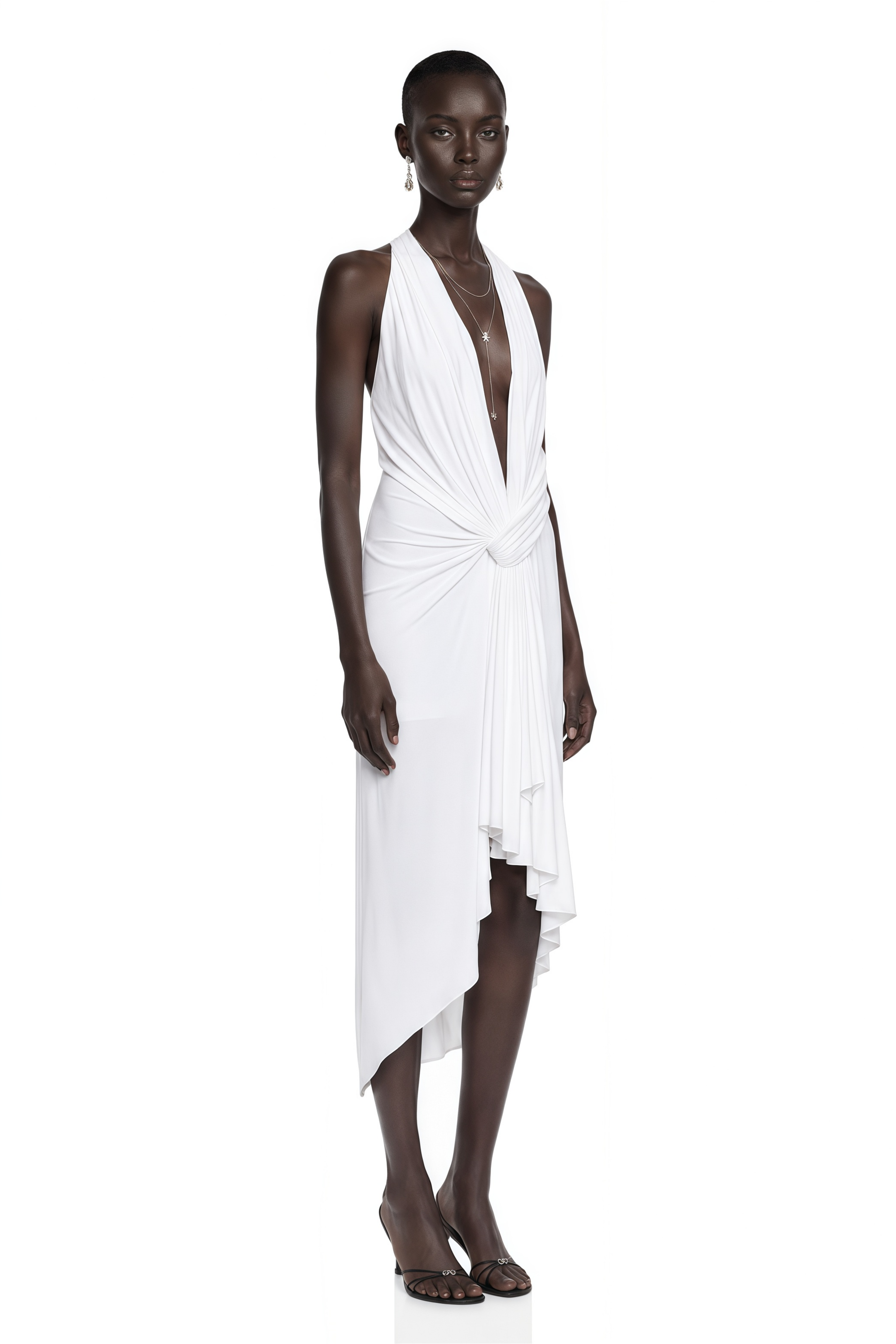 Lainey White Plunging Draped Midi Dress