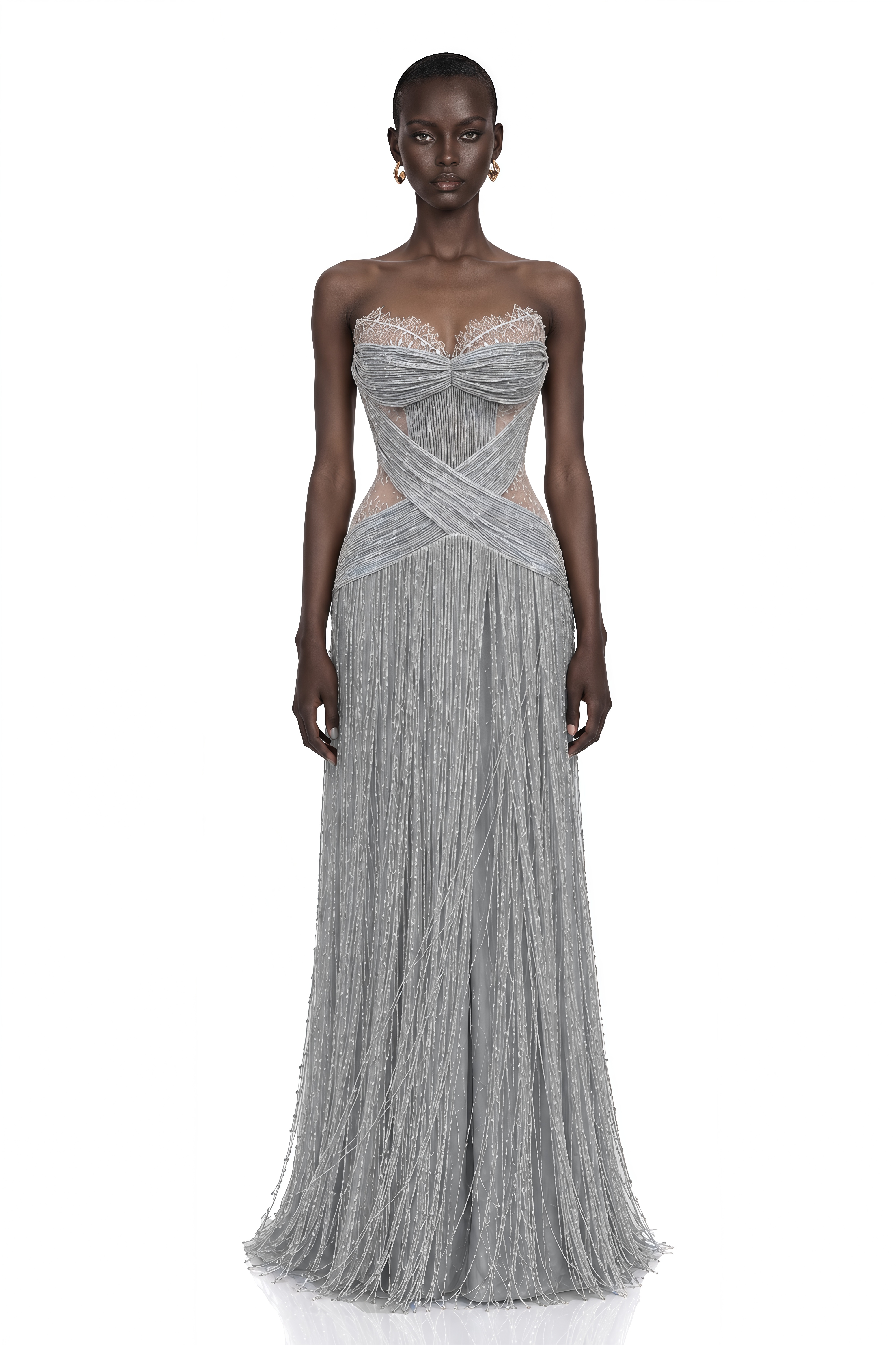 Lama Silver Sweetheart Neck Fringe Maxi Dress