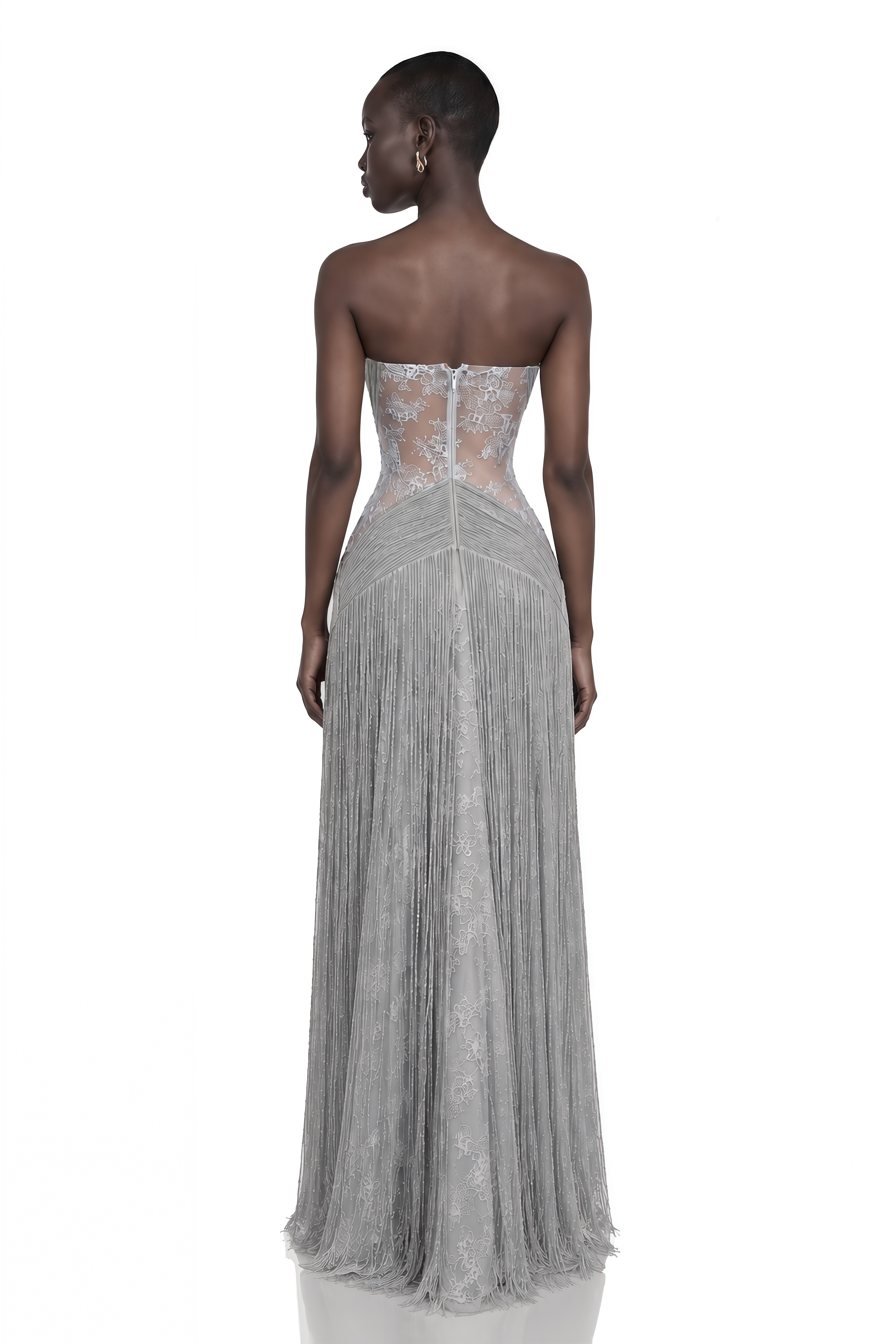 Lama Silver Sweetheart Neck Fringe Maxi Dress