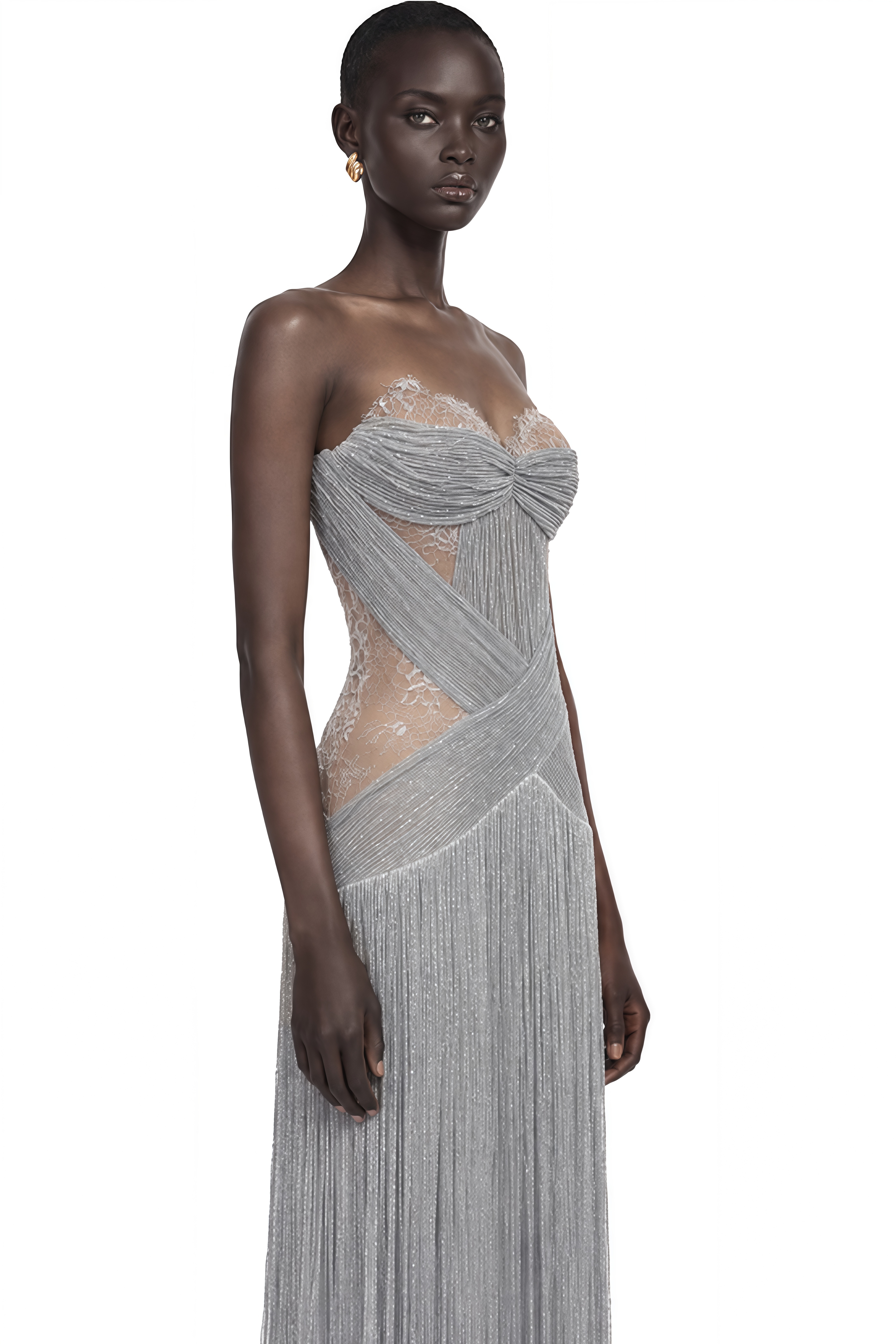 Lama Silver Sweetheart Neck Fringe Maxi Dress