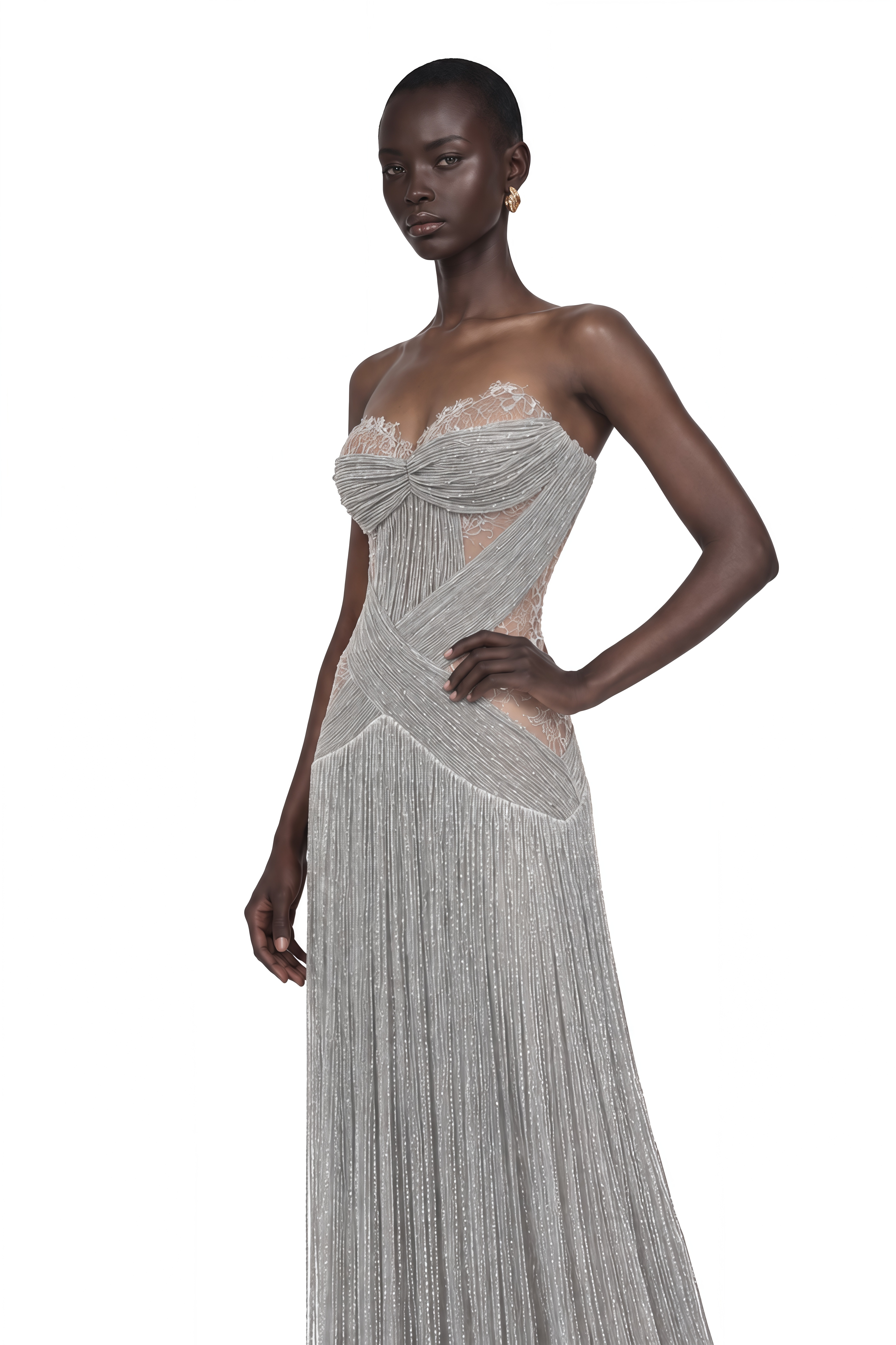 Lama Silver Sweetheart Neck Fringe Maxi Dress