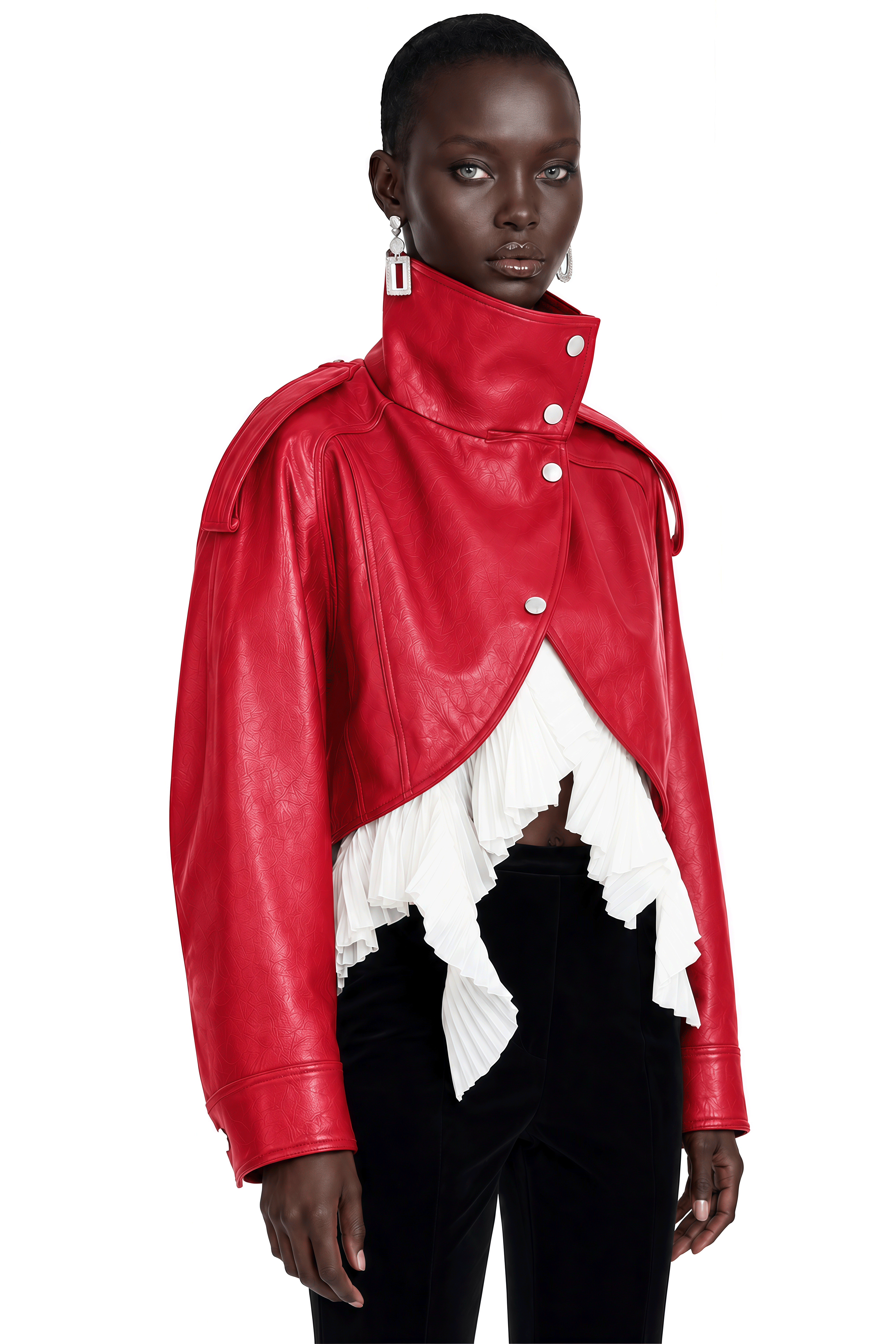 Landry Red High Neck Aysmmetrical Oversized Jacket