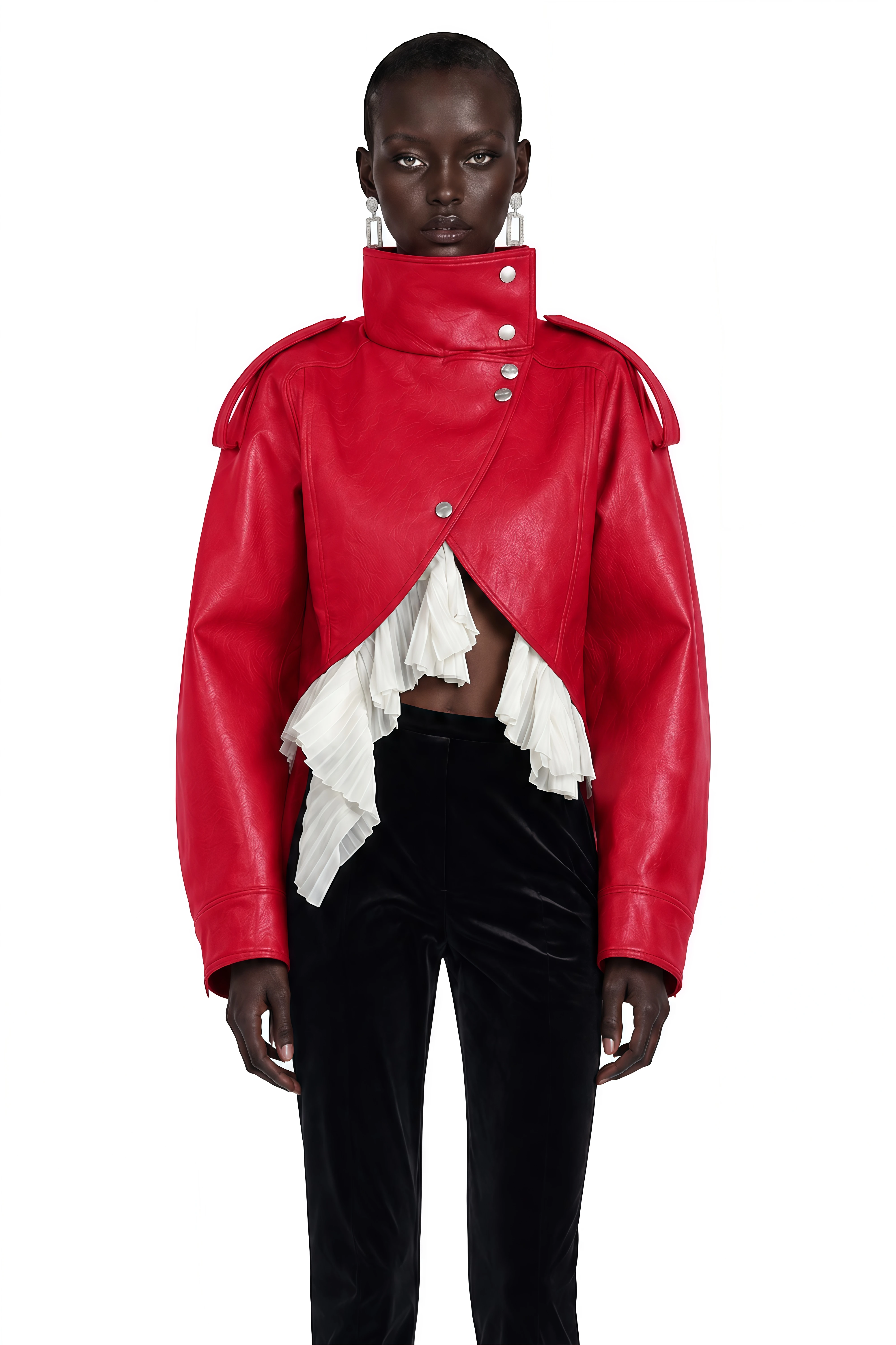 Landry Red High Neck Aysmmetrical Oversized Jacket