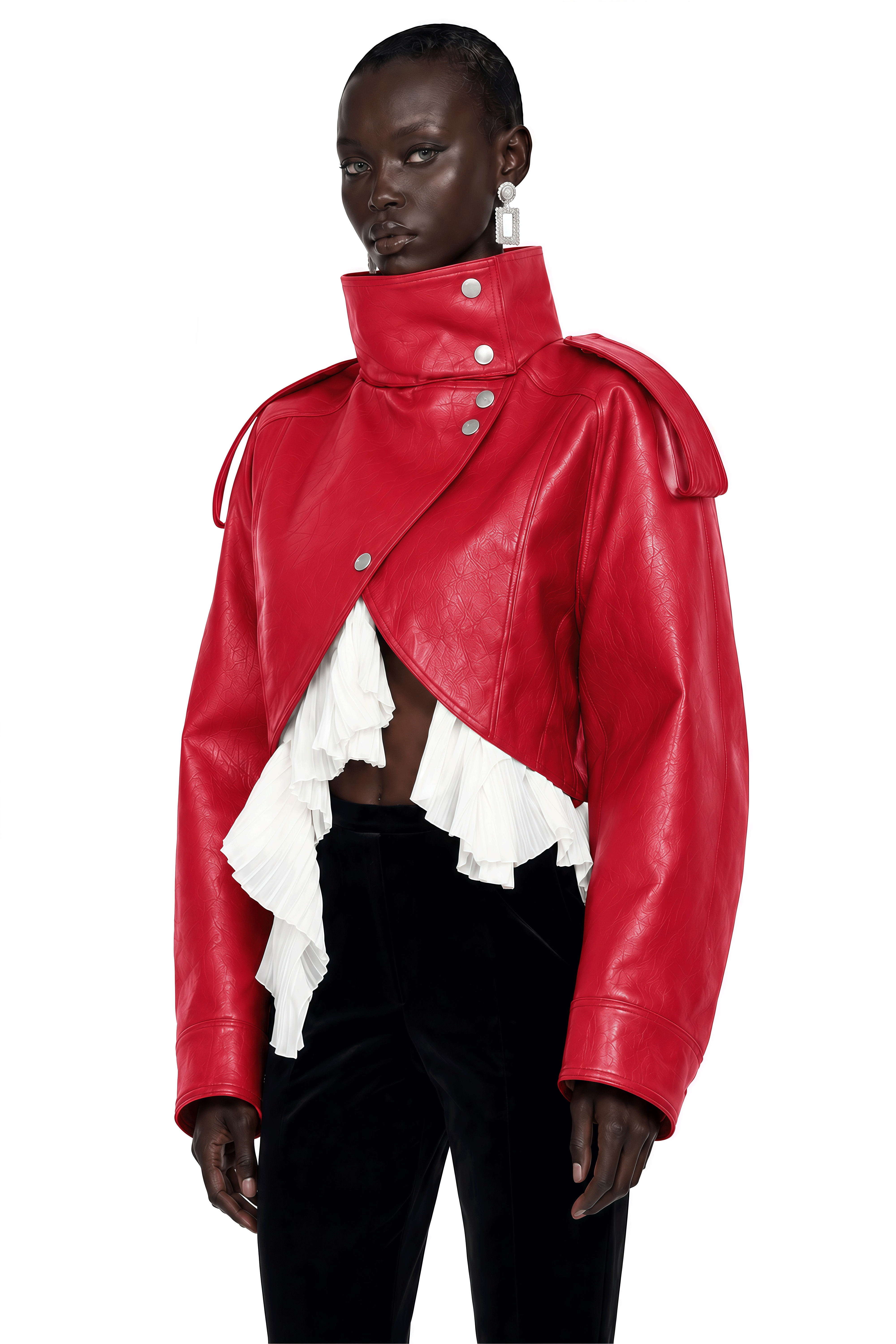 Landry Red High Neck Aysmmetrical Oversized Jacket