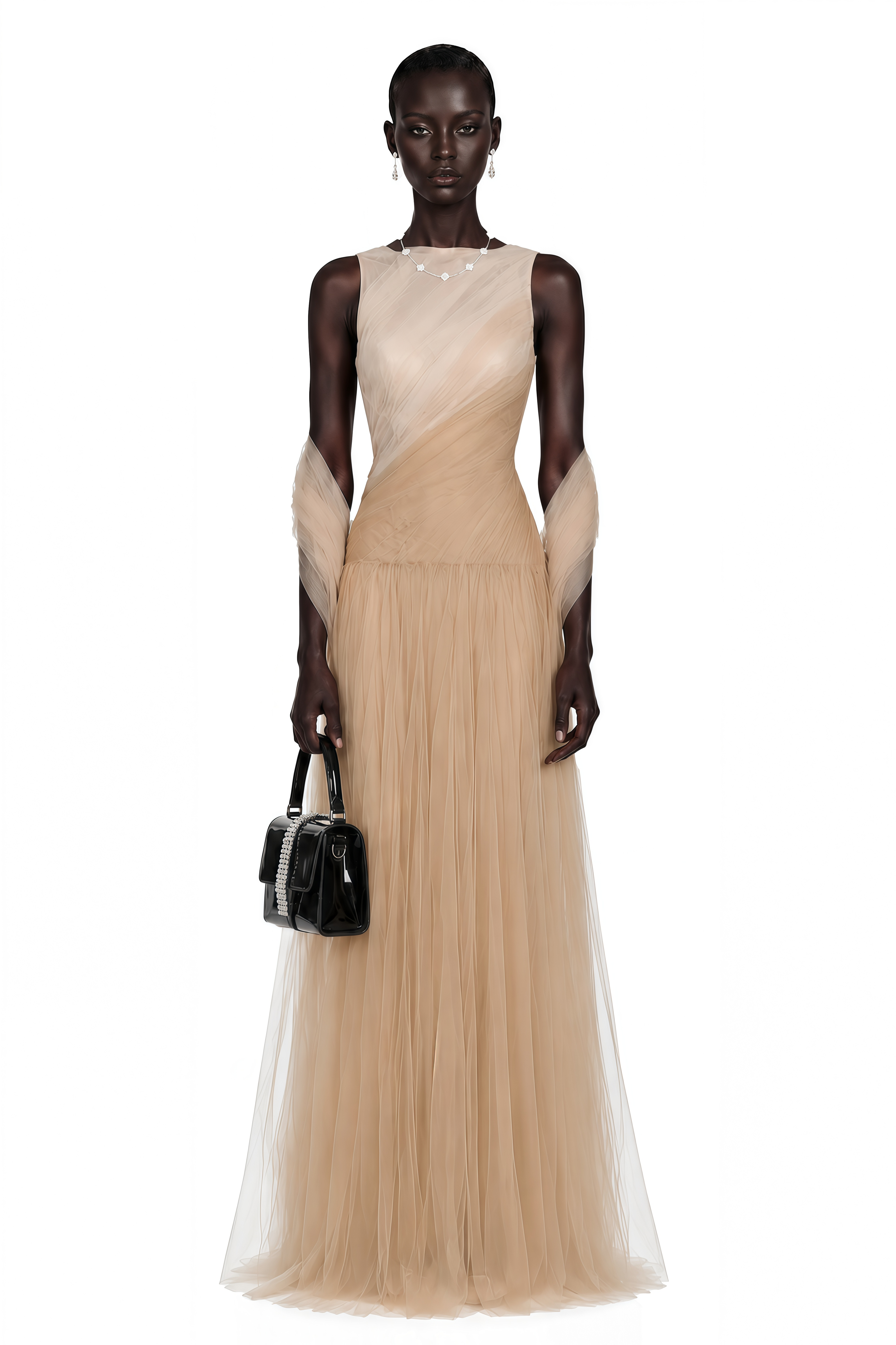 Larissa Champagne Sleeveless Maxi Dress with Mesh Panels (Without Shawl) (Final Sale-US Only)