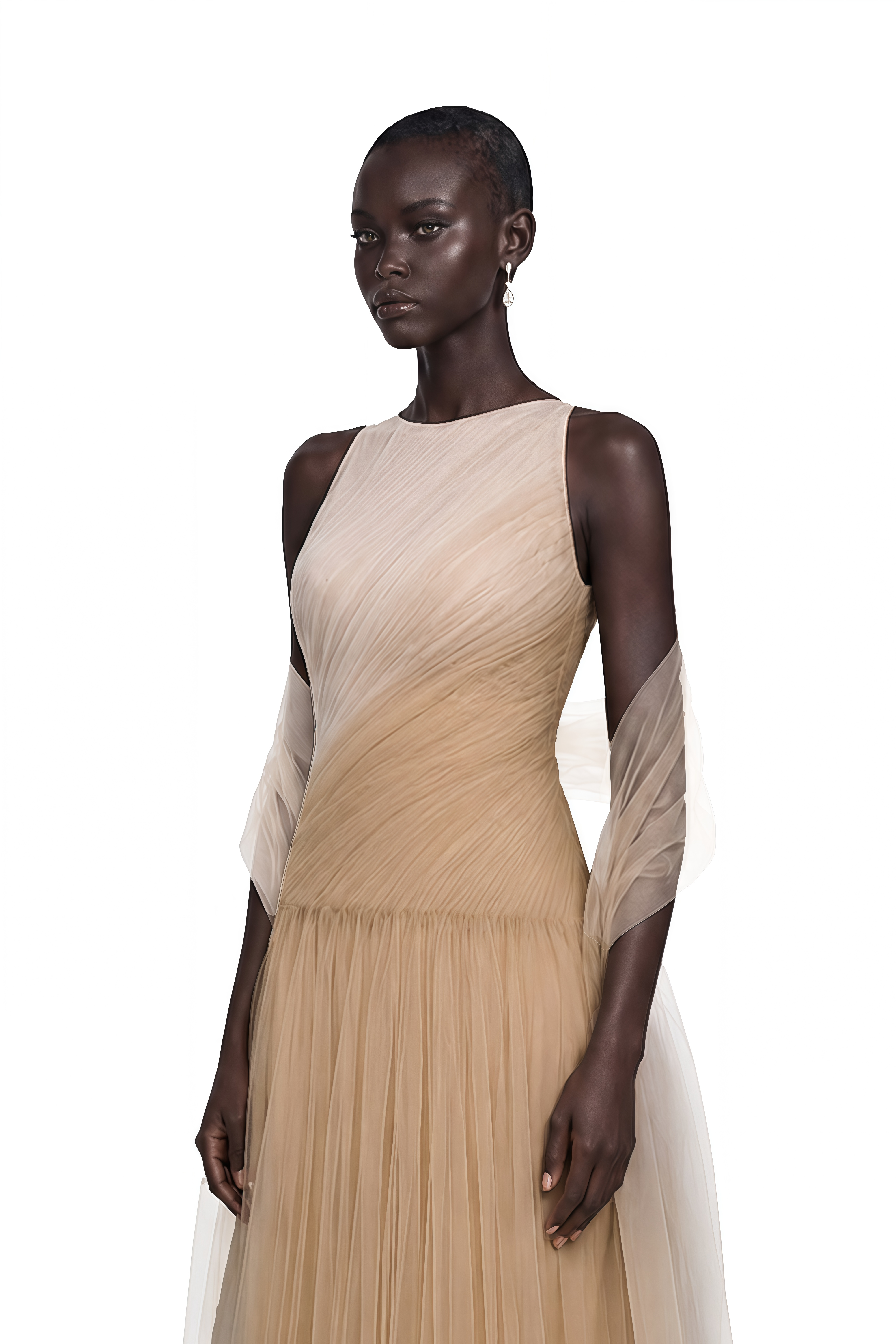 Larissa Champagne Sleeveless Maxi Dress with Mesh Panels (Without Shawl) (Final Sale-US Only)