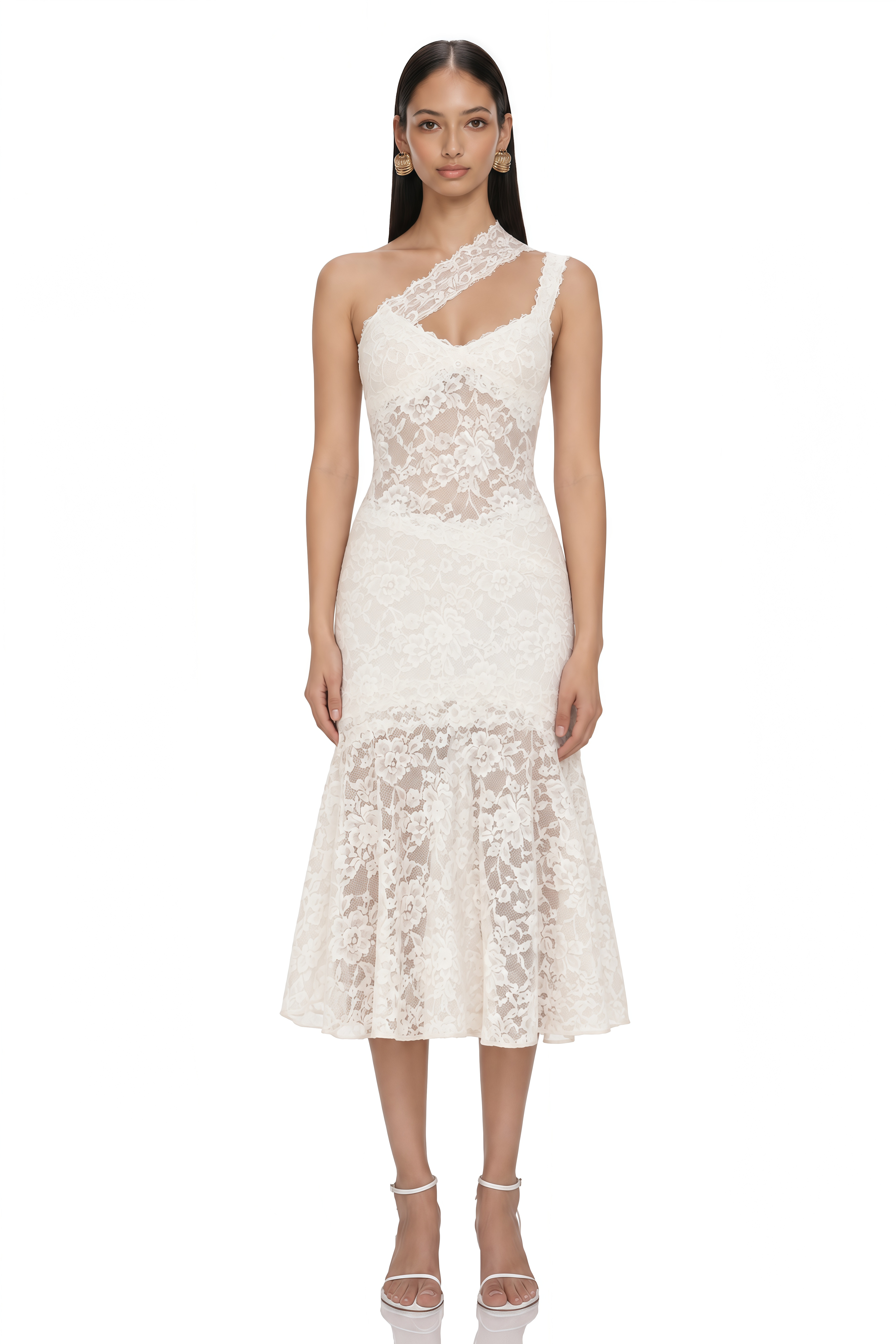Laurie White One-Shoulder Lace Cut-Out Midi Dress