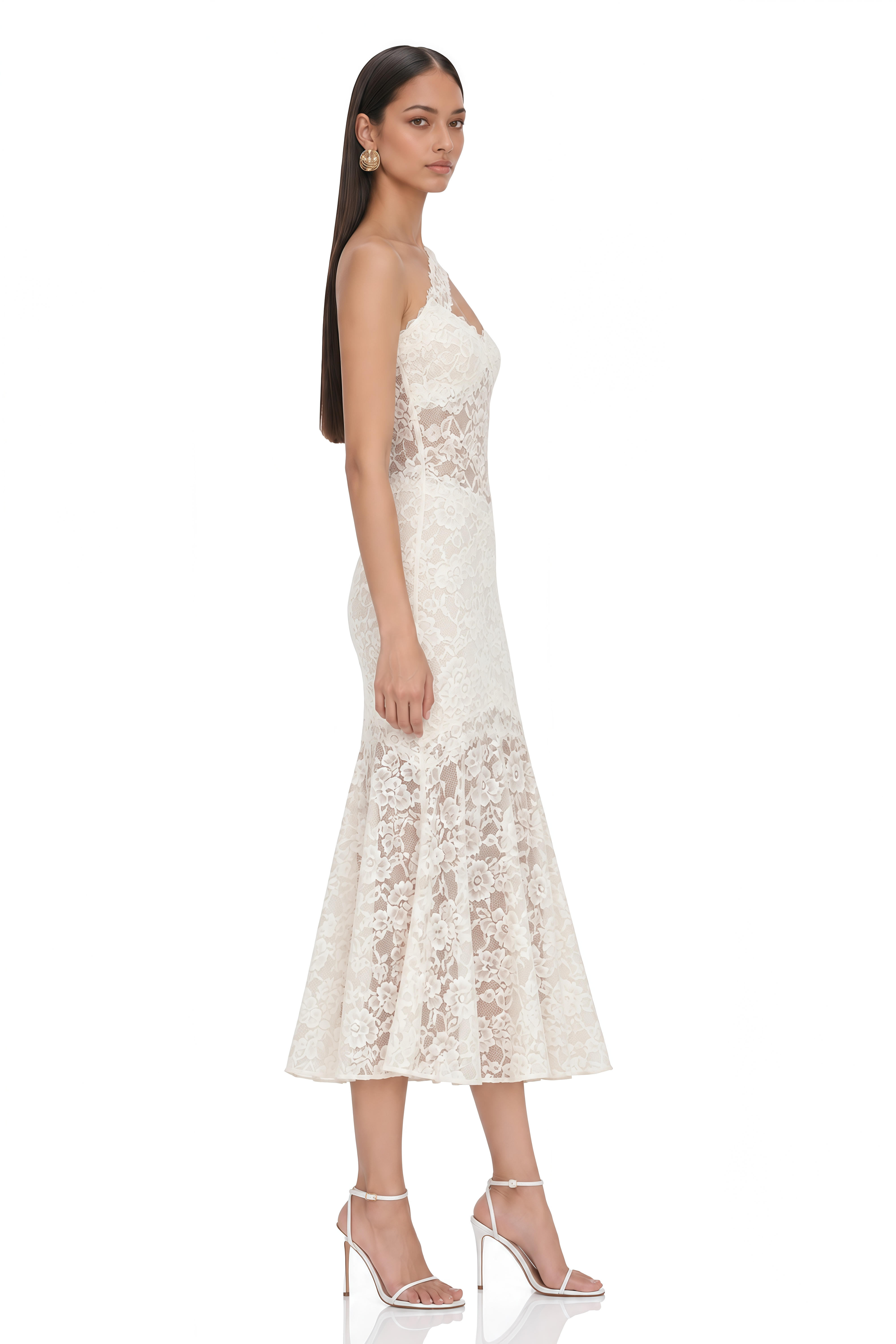 Laurie White One-Shoulder Lace Cut-Out Midi Dress