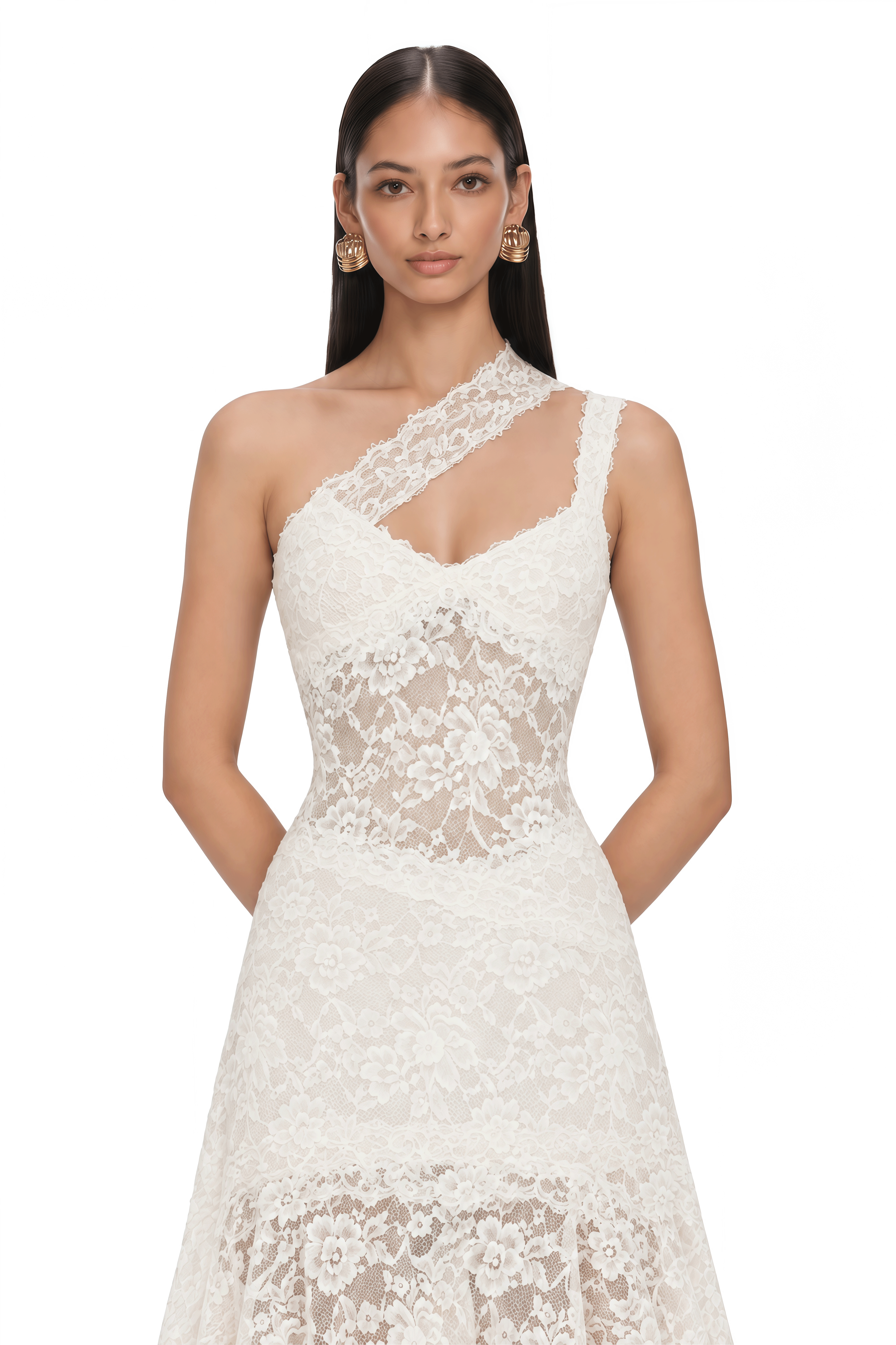 Laurie White One-Shoulder Lace Cut-Out Midi Dress