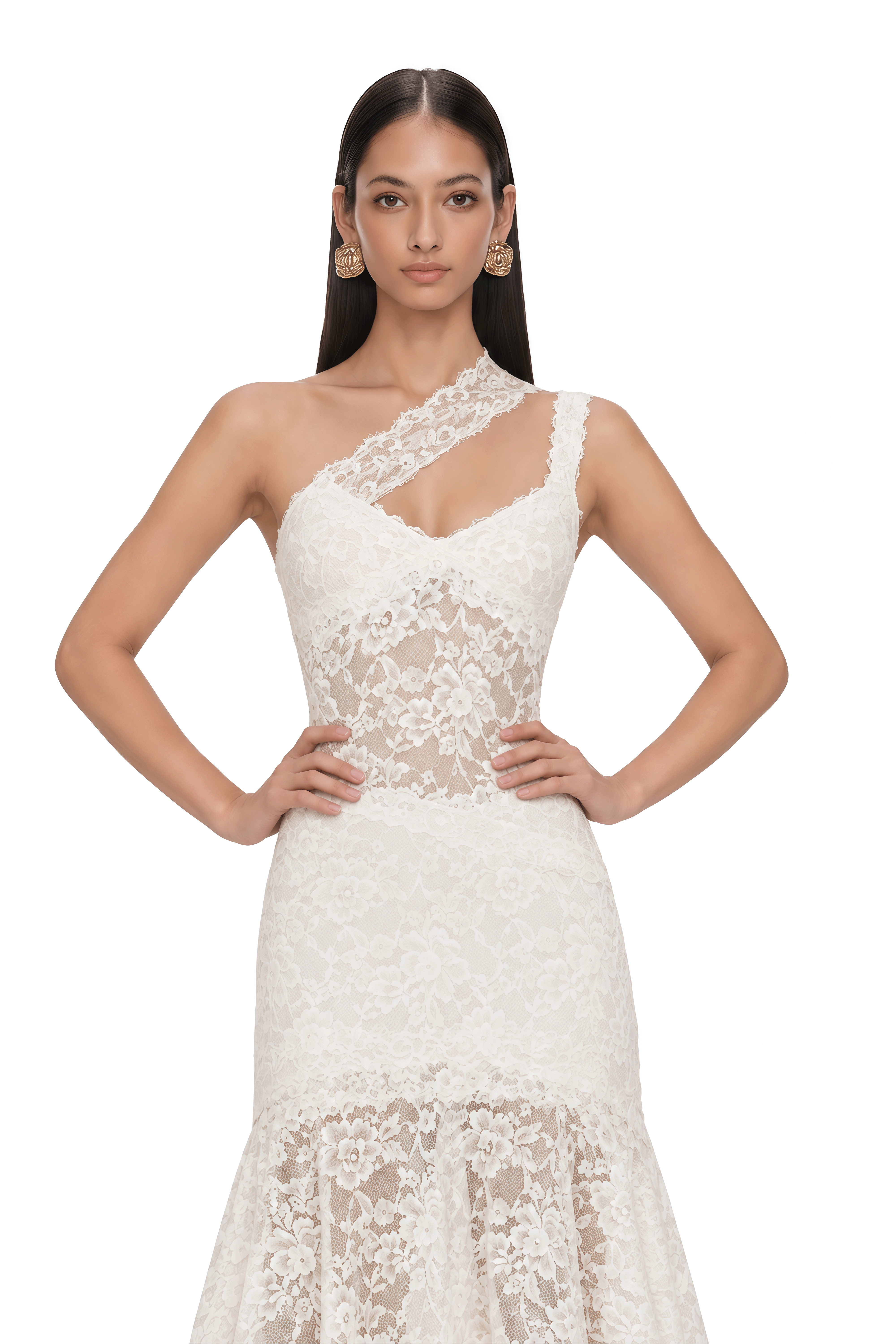 Laurie White One-Shoulder Lace Cut-Out Midi Dress