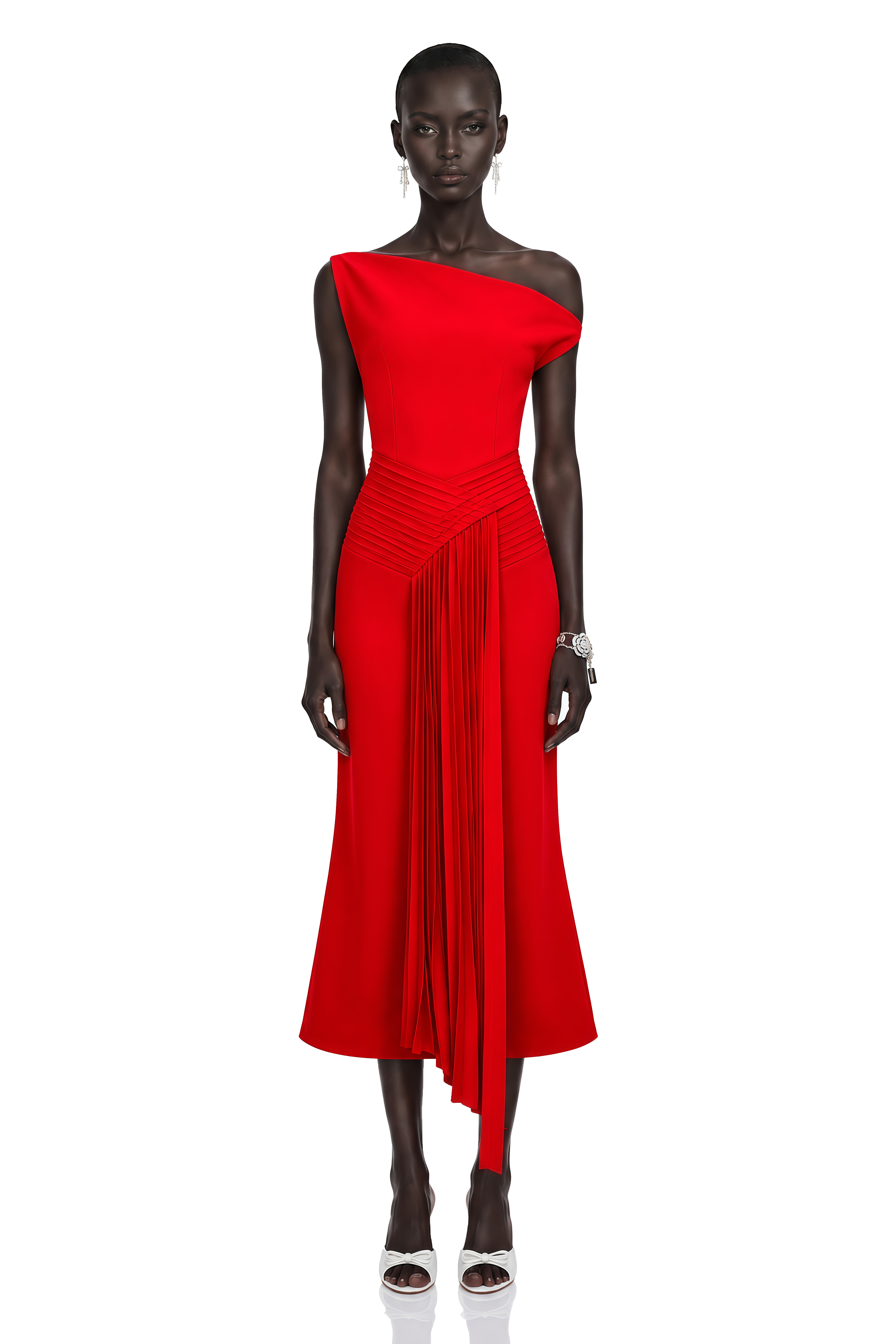Laurine Asymmetrical Draped Midi Dress in Red