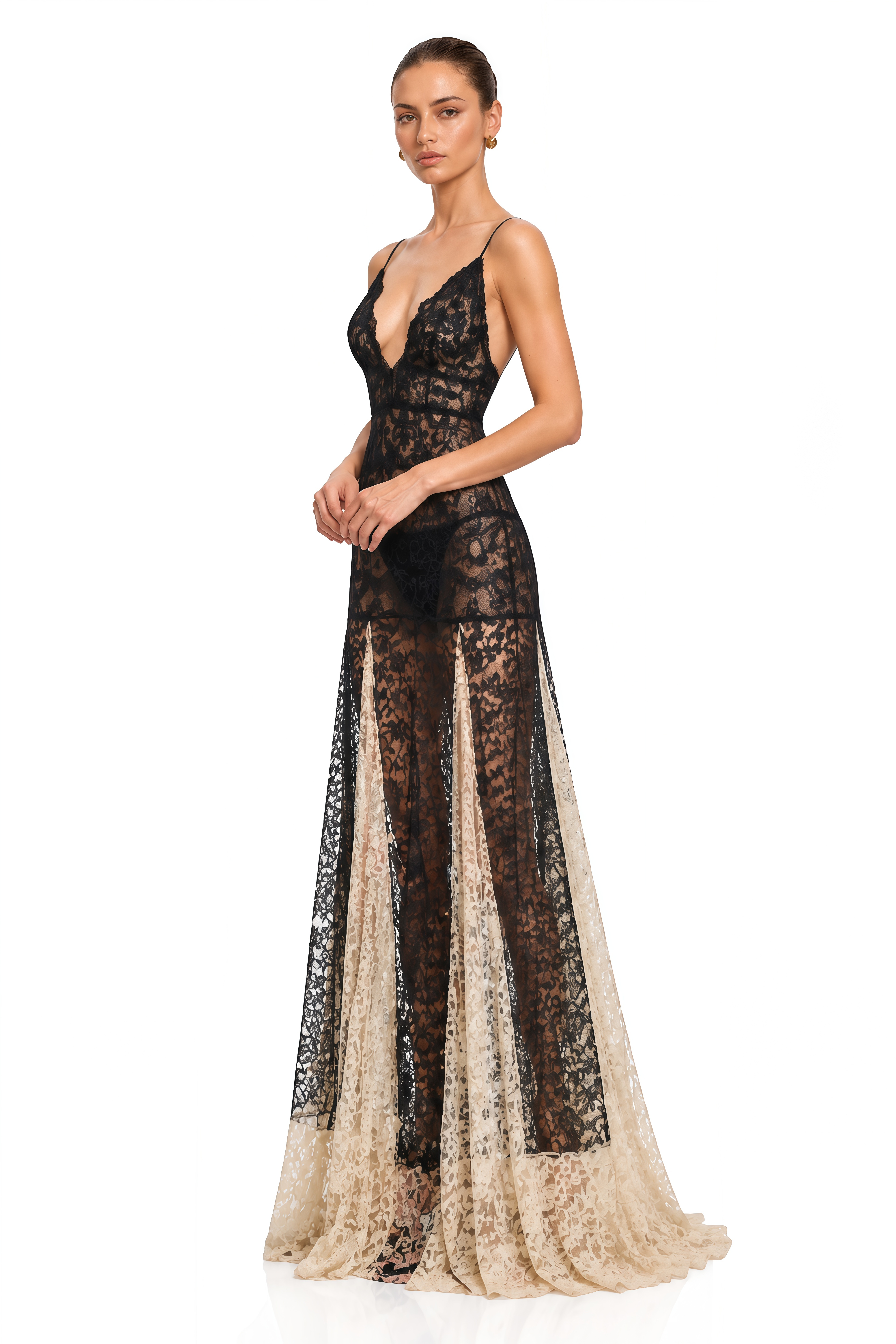 Lavinia Black Contrast Lace Plunge Neck Maxi Dress