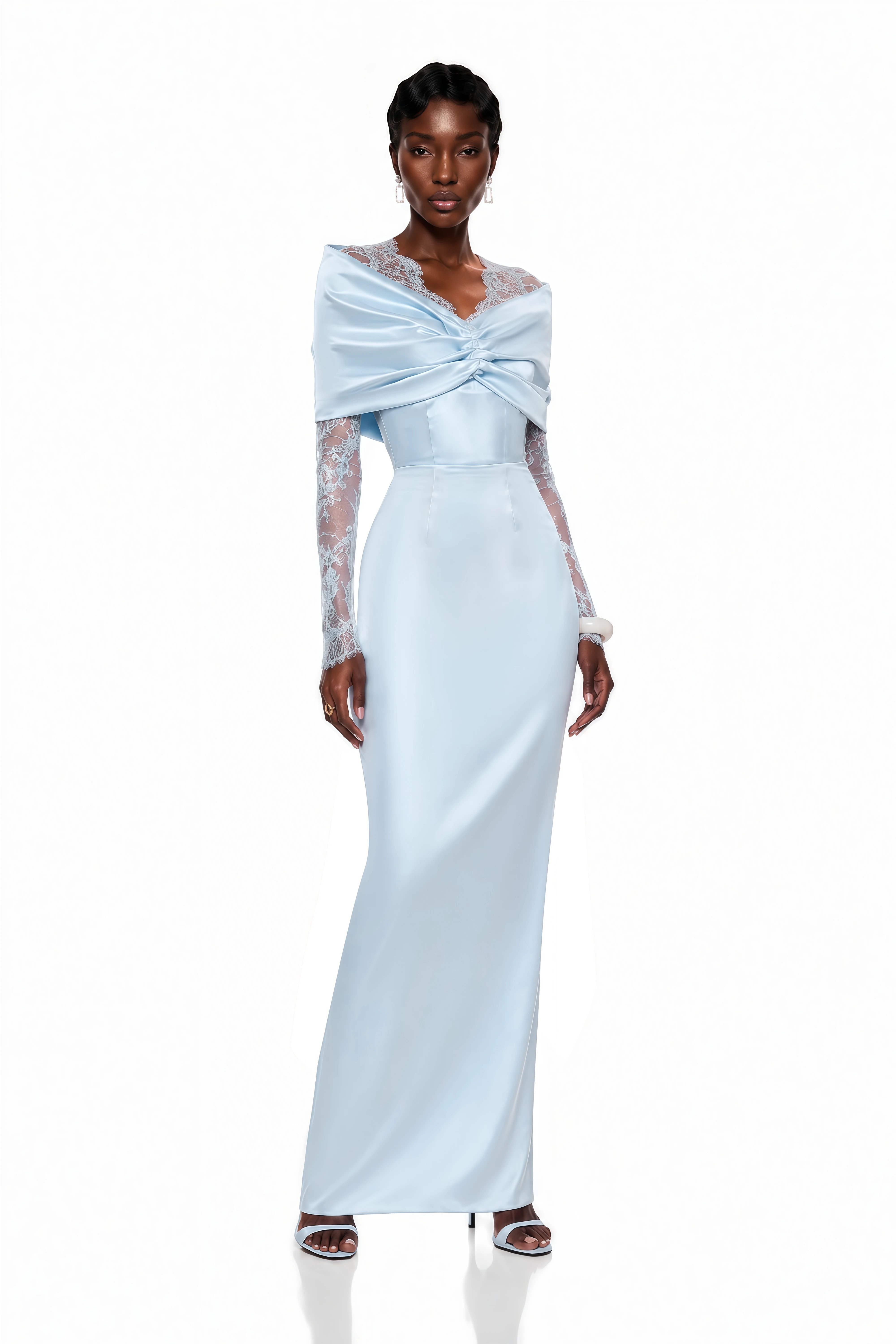 Light blue satin maxi dress with long lace sleeves and a draped bodice