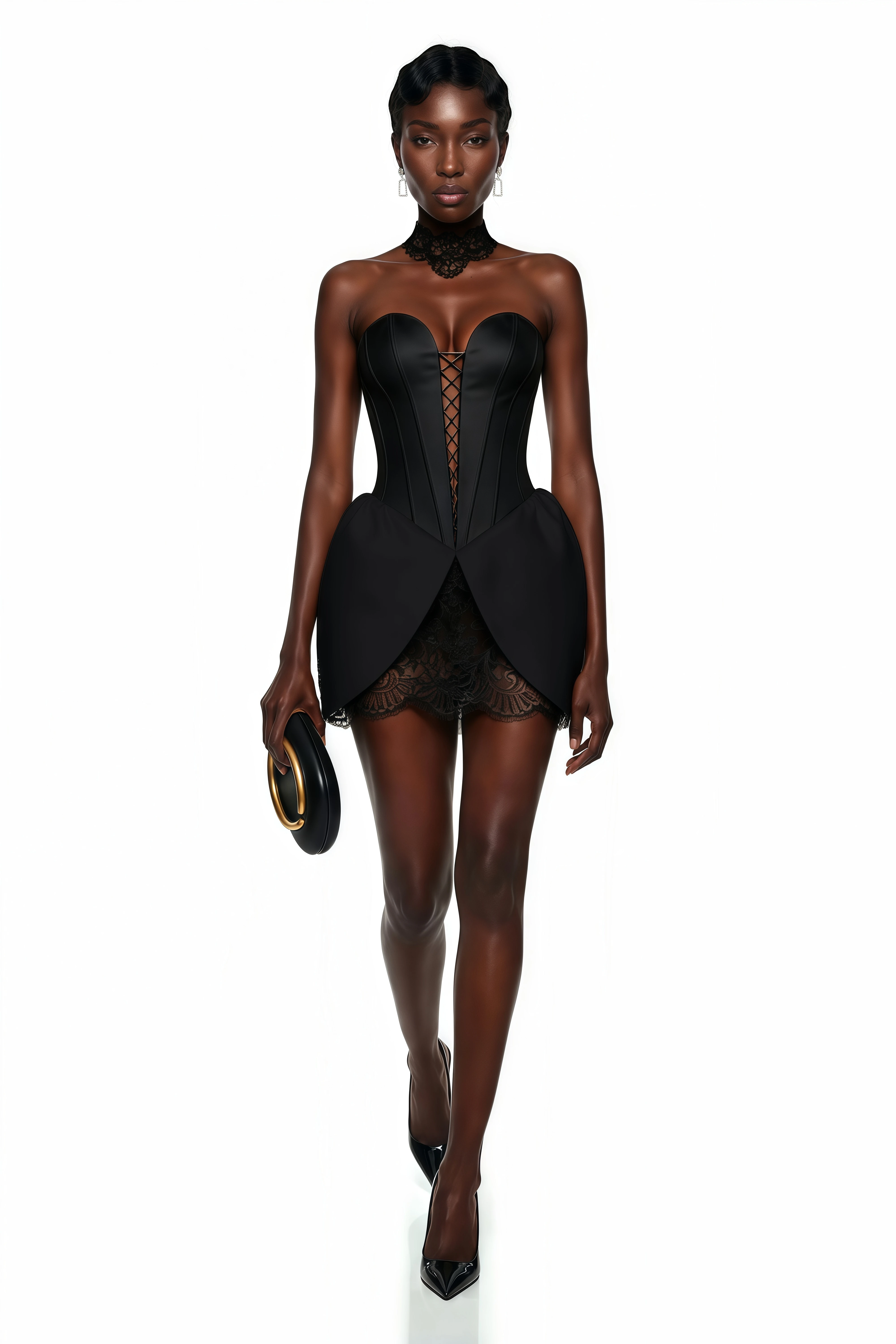 Black strapless corset mini dress with a lace-up front