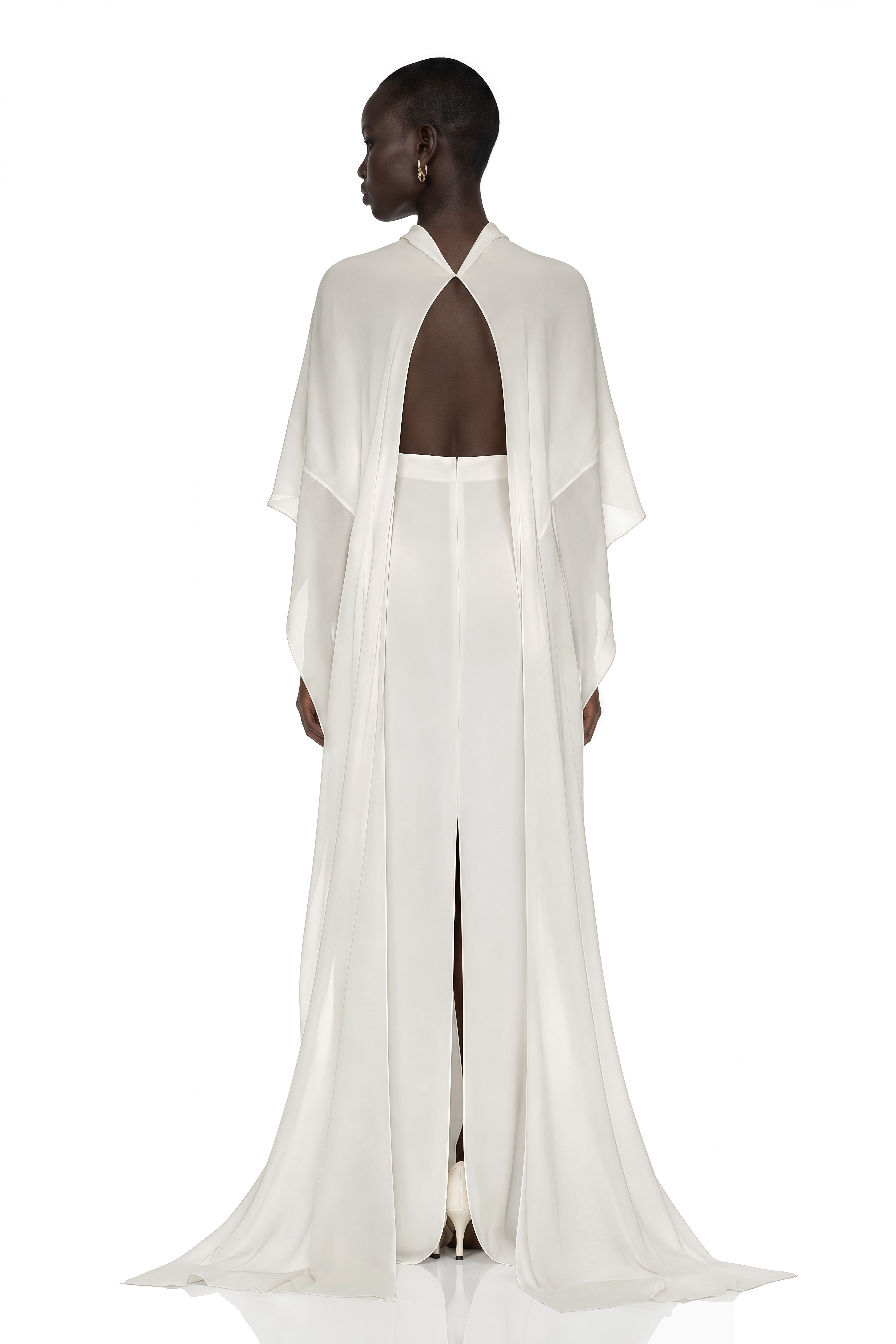 Lebeda White Backless Maxi Dress with Cape