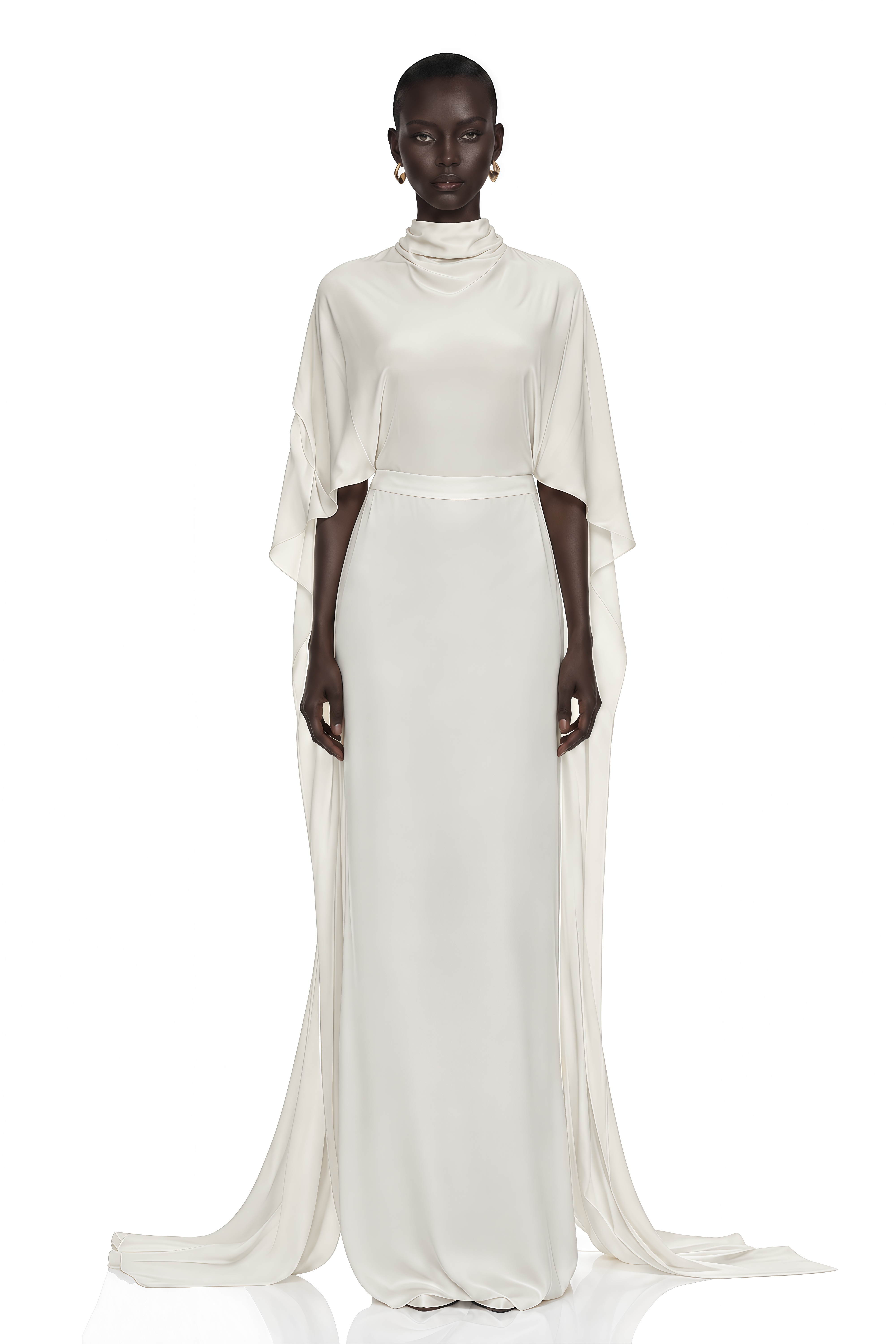 Lebeda White Backless Maxi Dress with Cape
