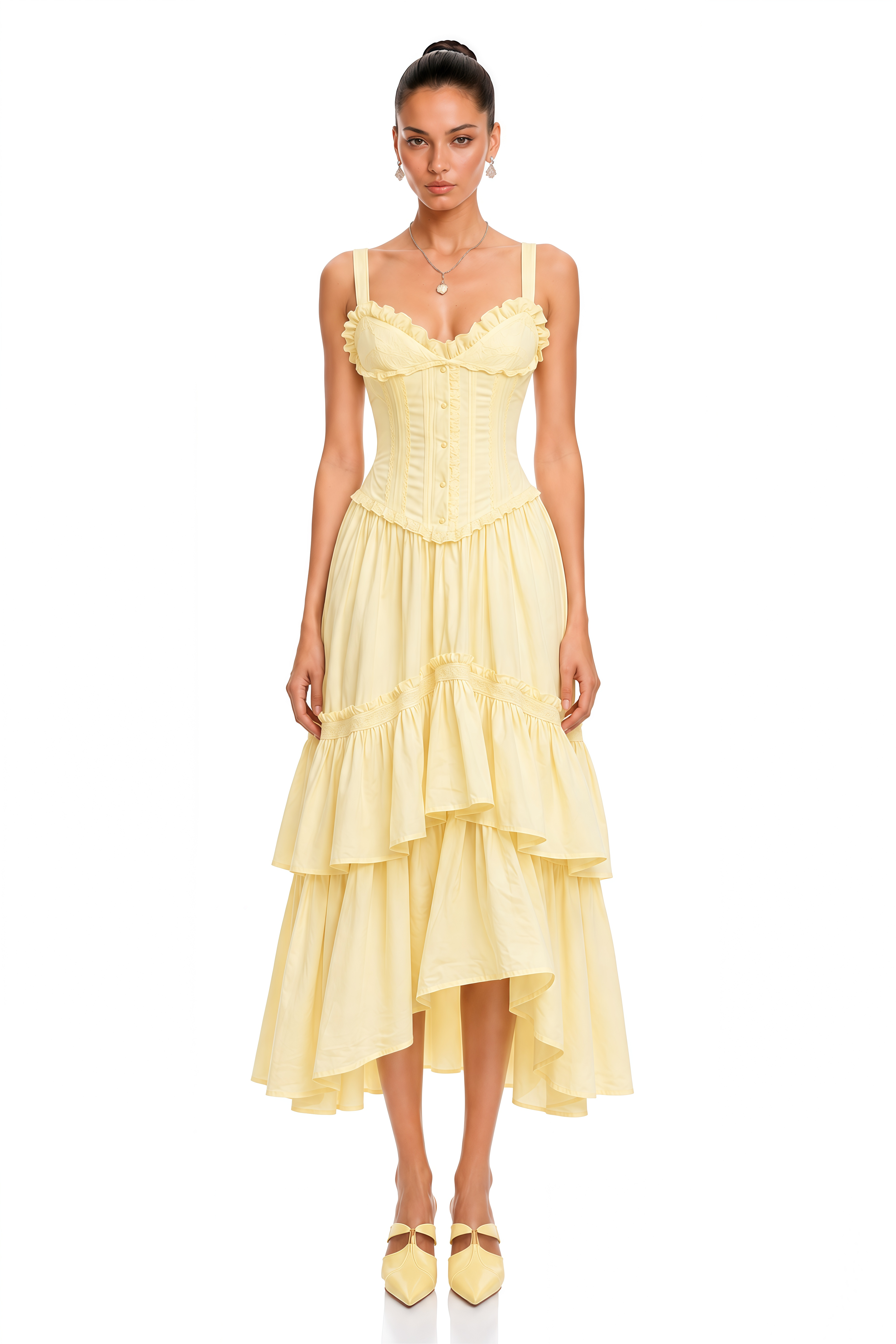 Leighton Yellow Layered Ruffle Midi Dress