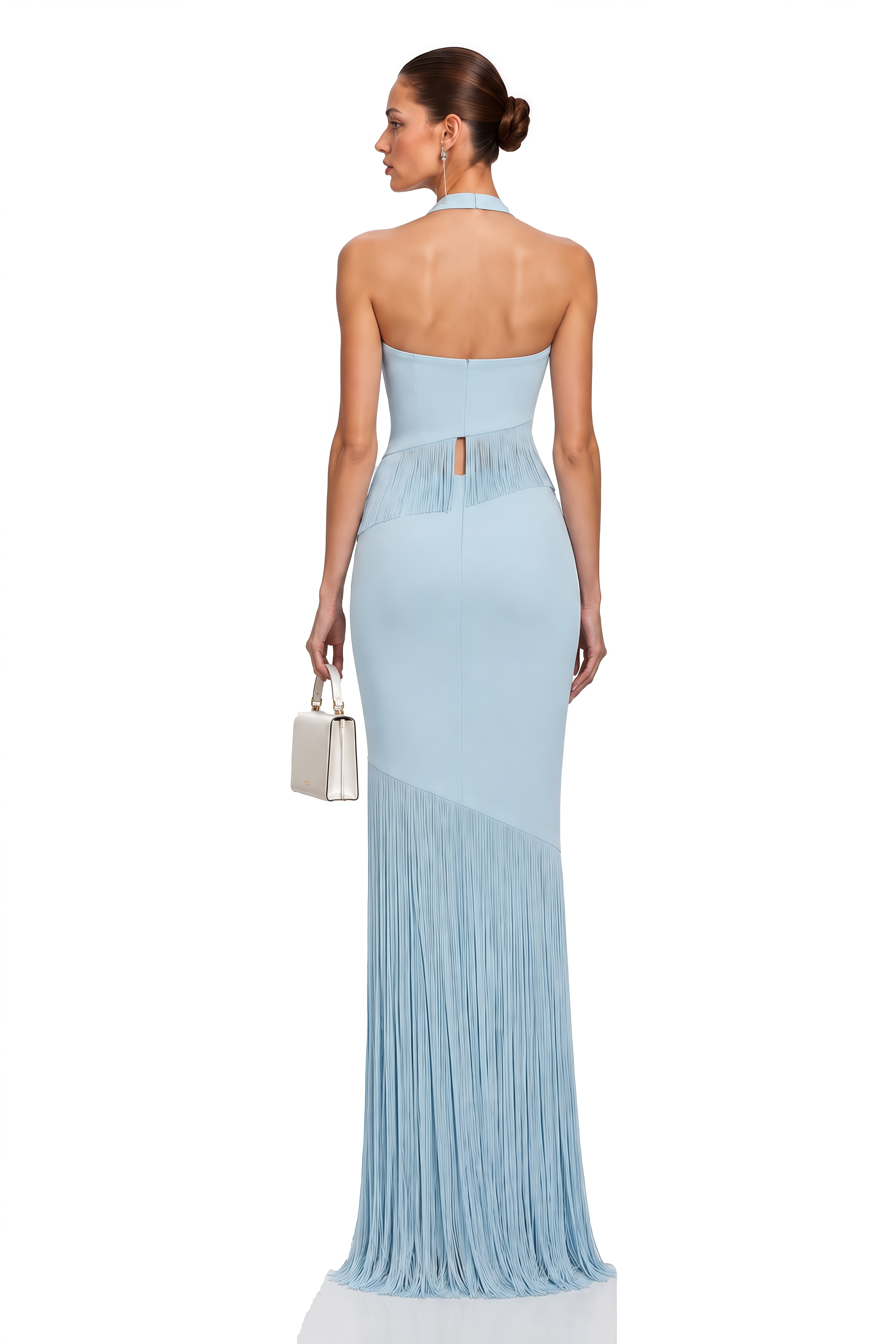 Leilah Blue V-Neck Top & Maxi Skirt Set with Fringe