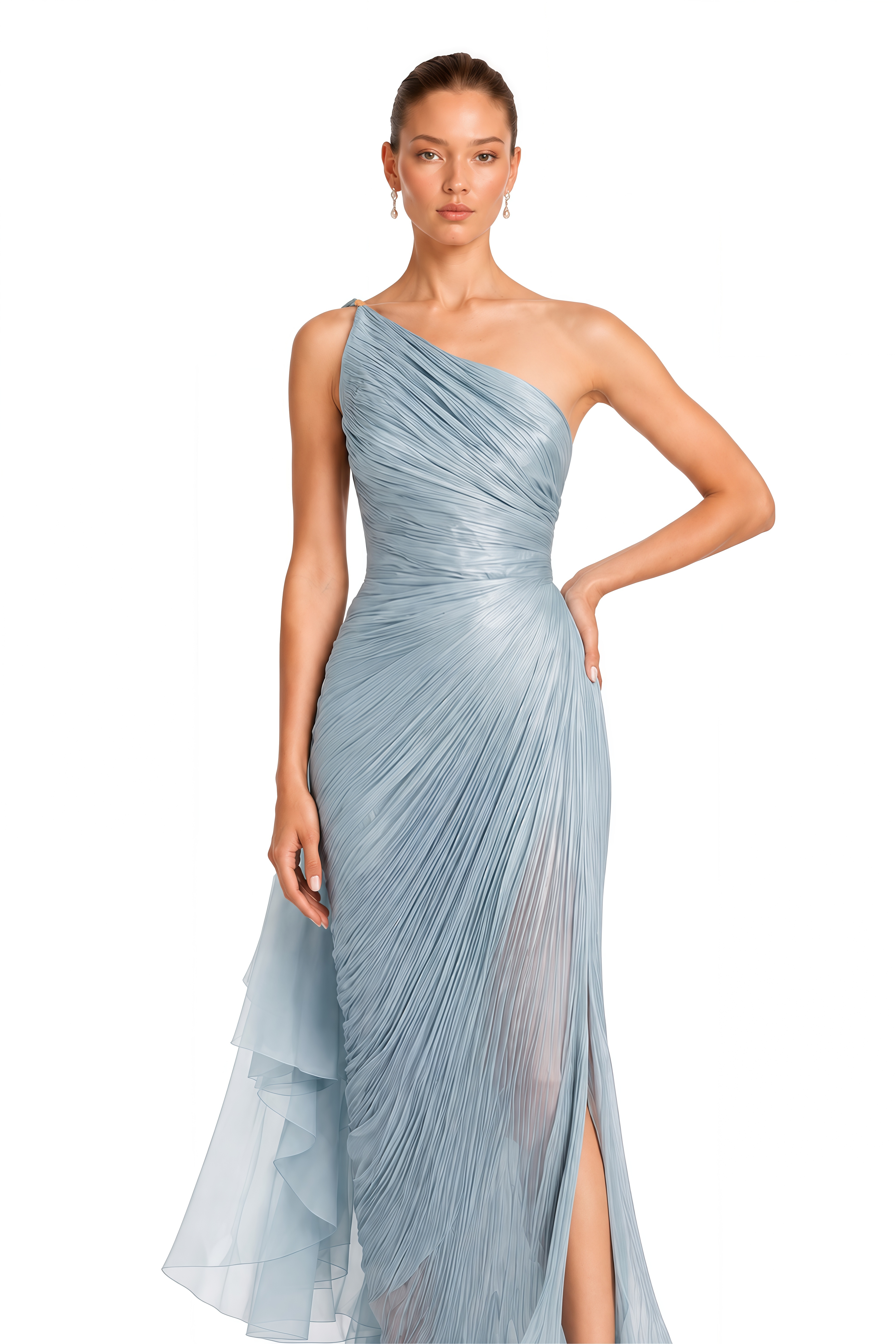 Leilani Light Blue One Shoulder Pleated Maxi Dress