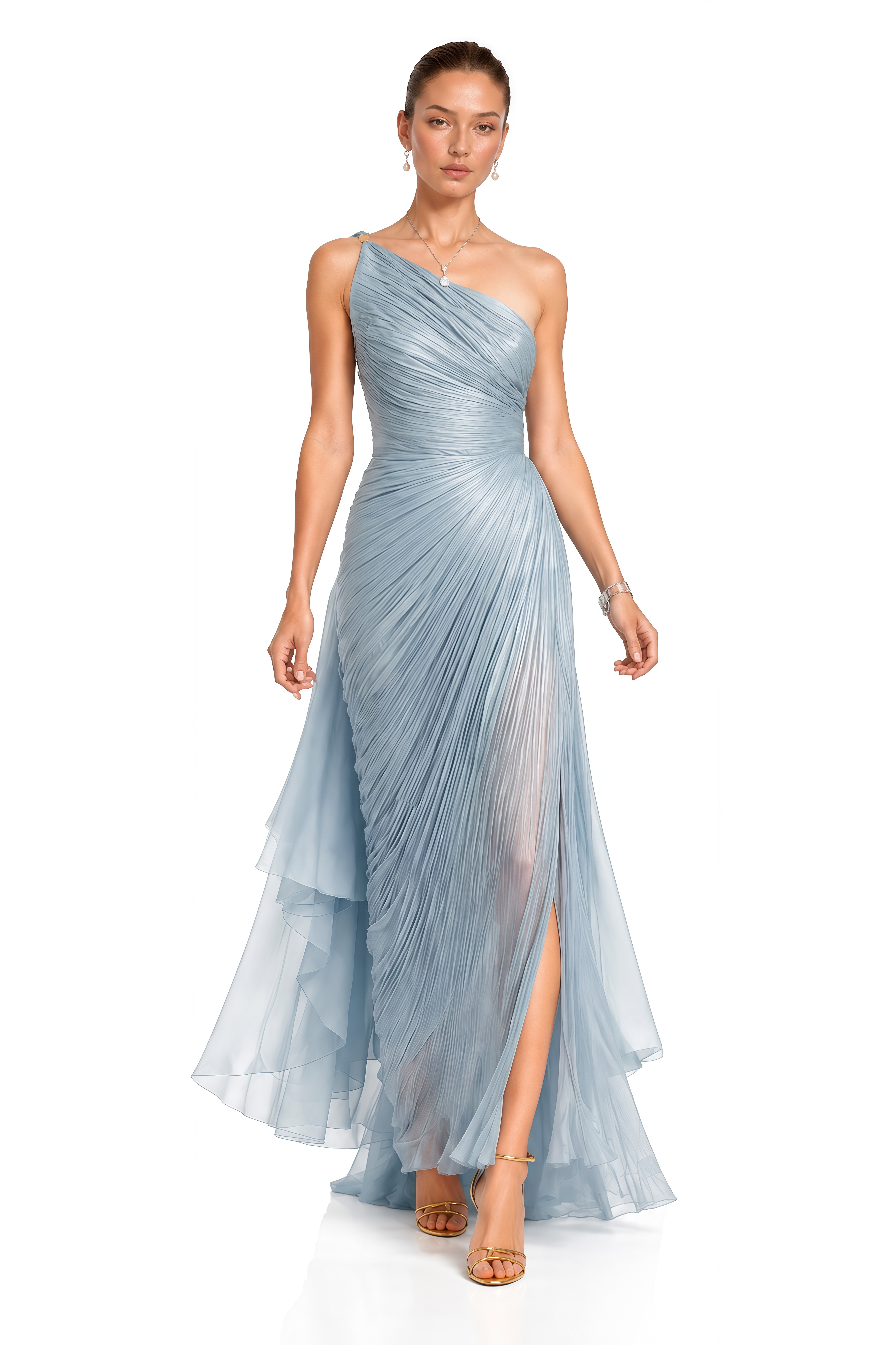 Leilani Light Blue One Shoulder Pleated Maxi Dress