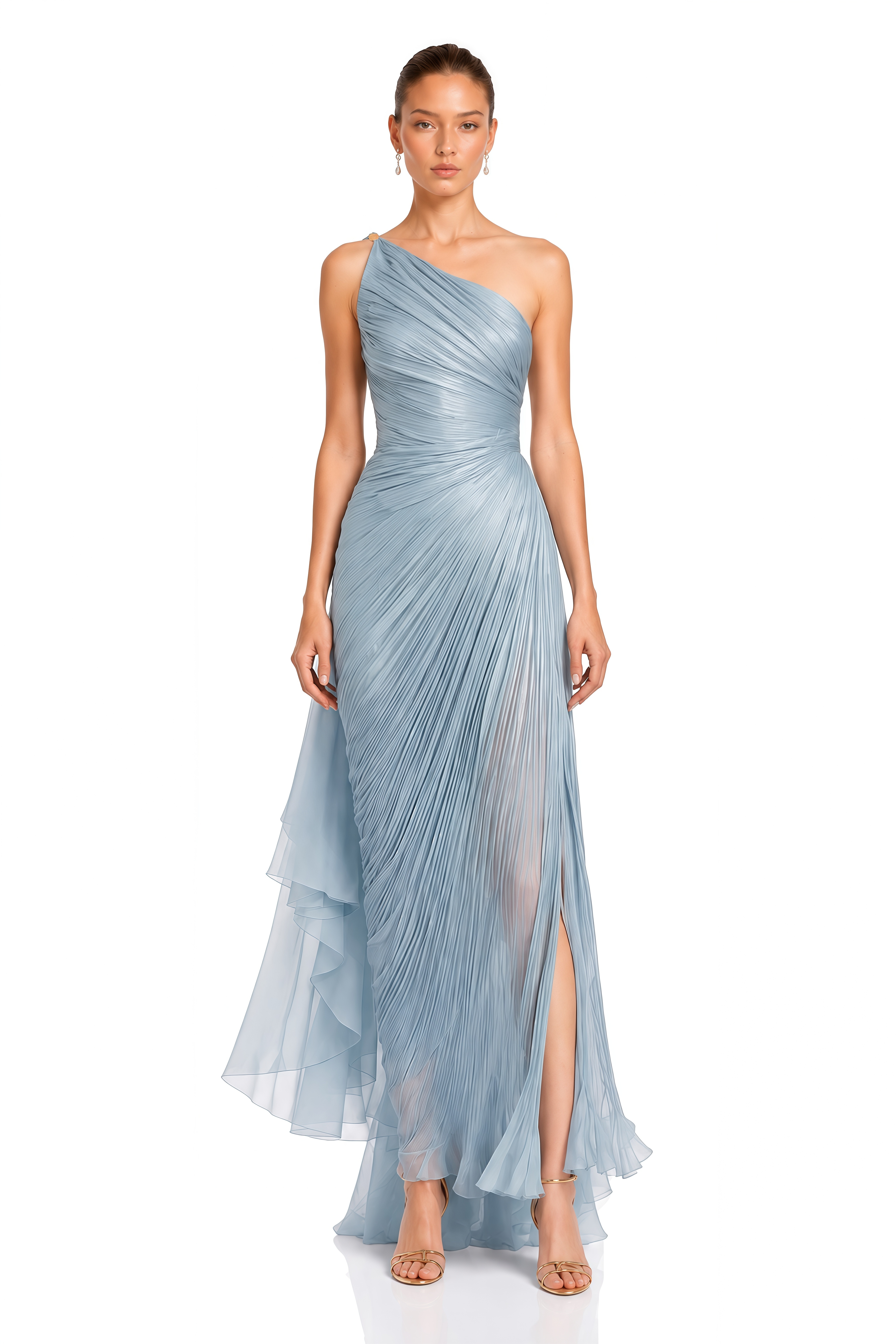 Leilani Light Blue One Shoulder Pleated Maxi Dress
