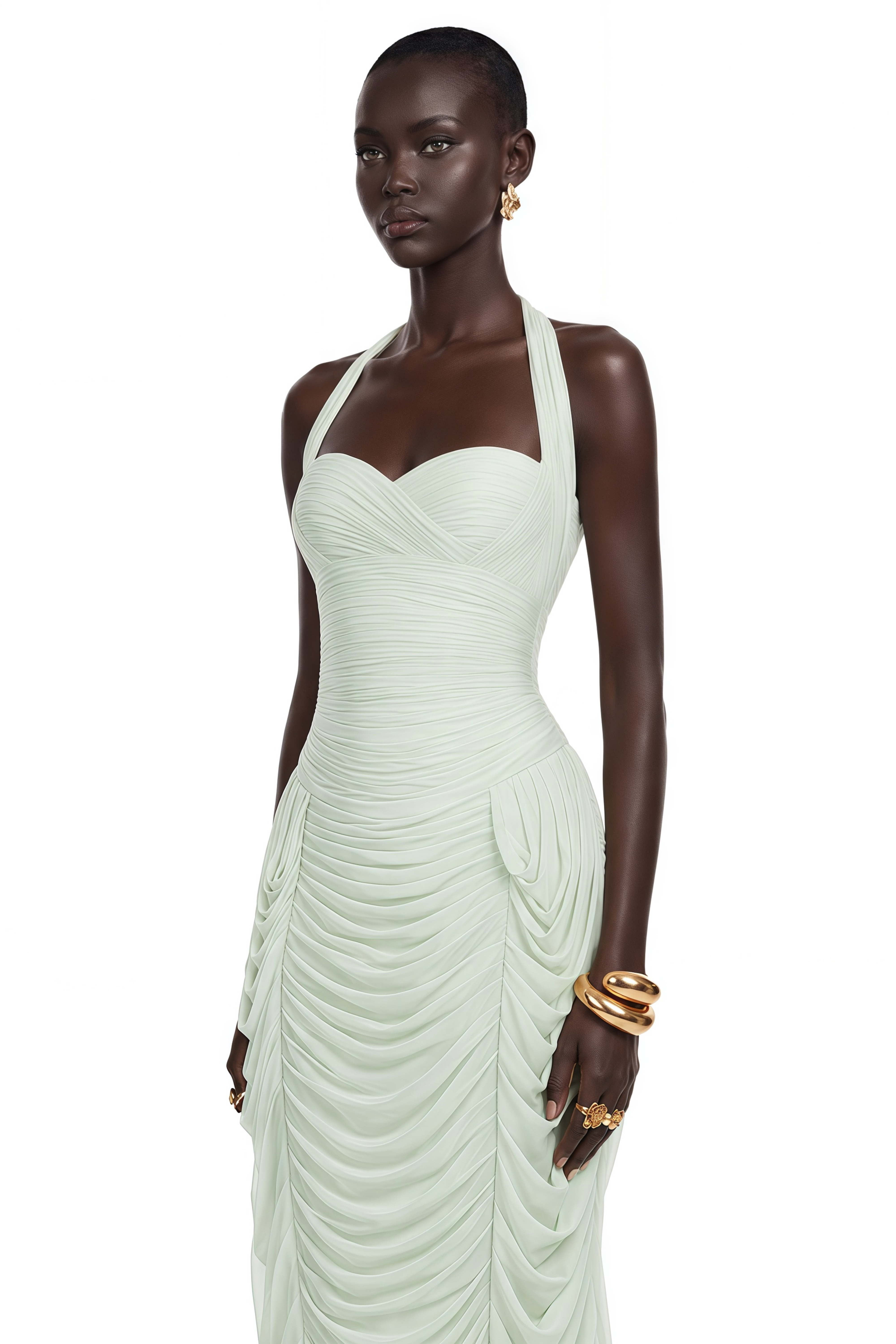Lenora Mint Green Halterneck Ruched Midi Dress