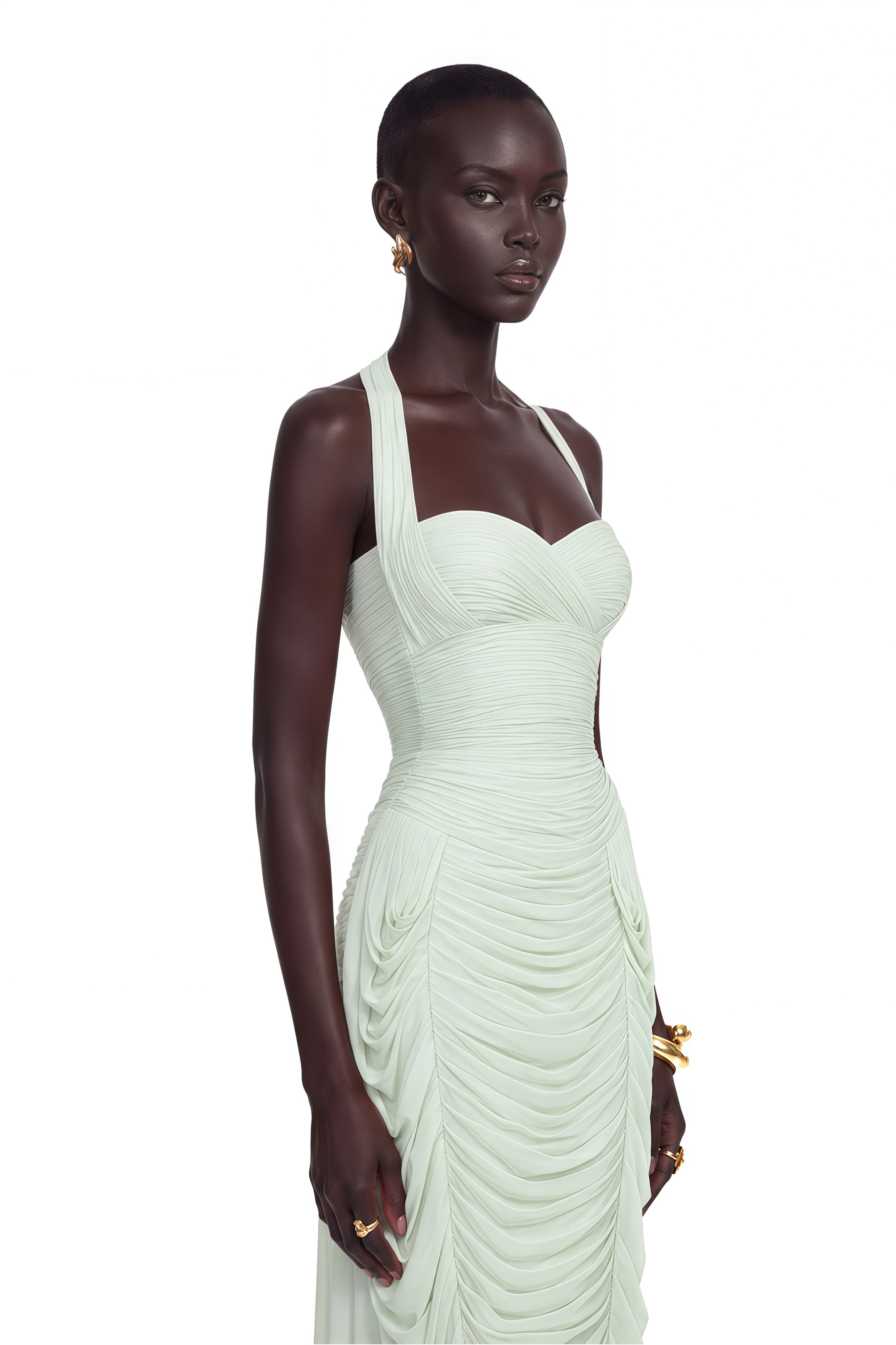 Lenora Mint Green Halterneck Ruched Midi Dress