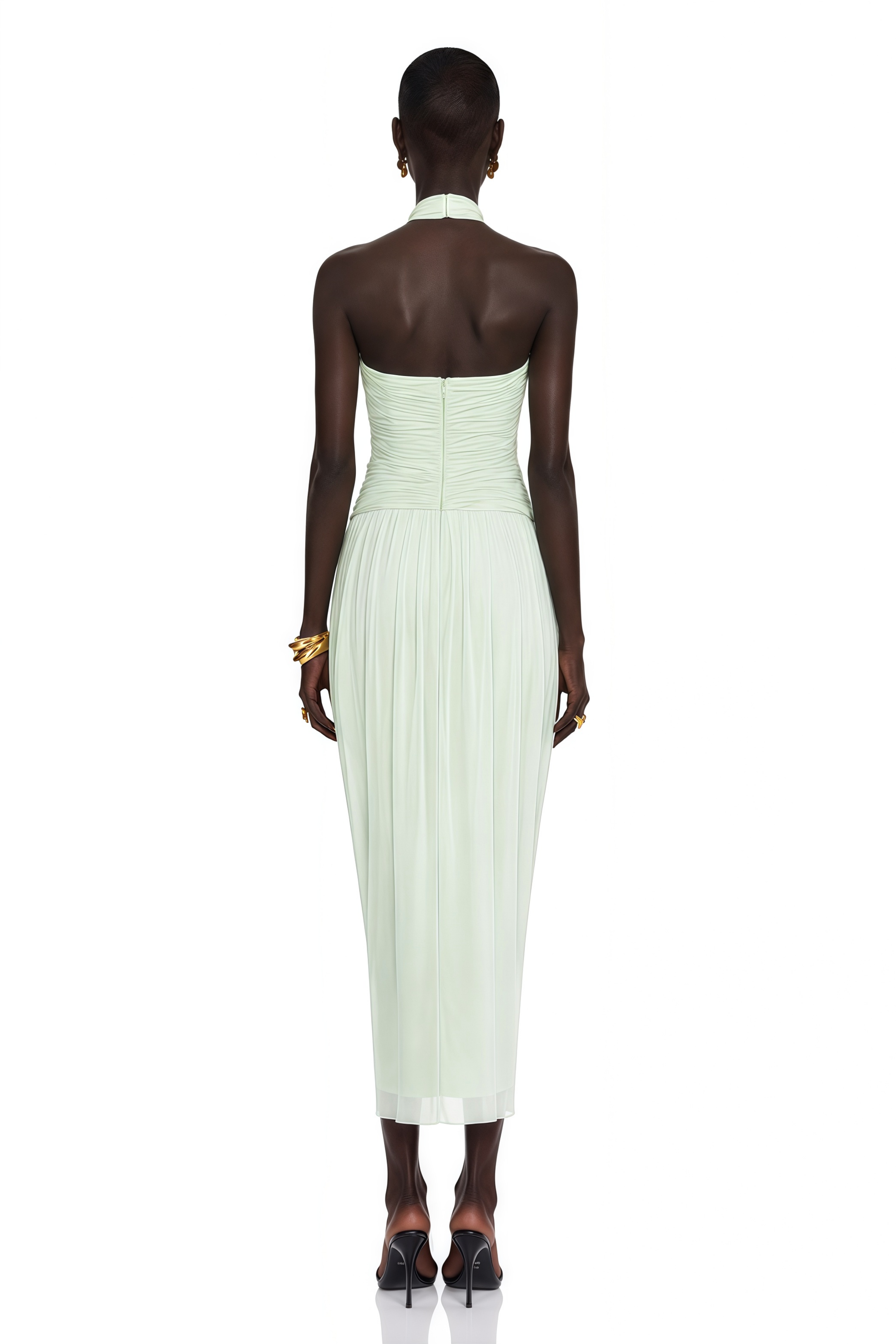 Lenora Mint Green Halterneck Ruched Midi Dress