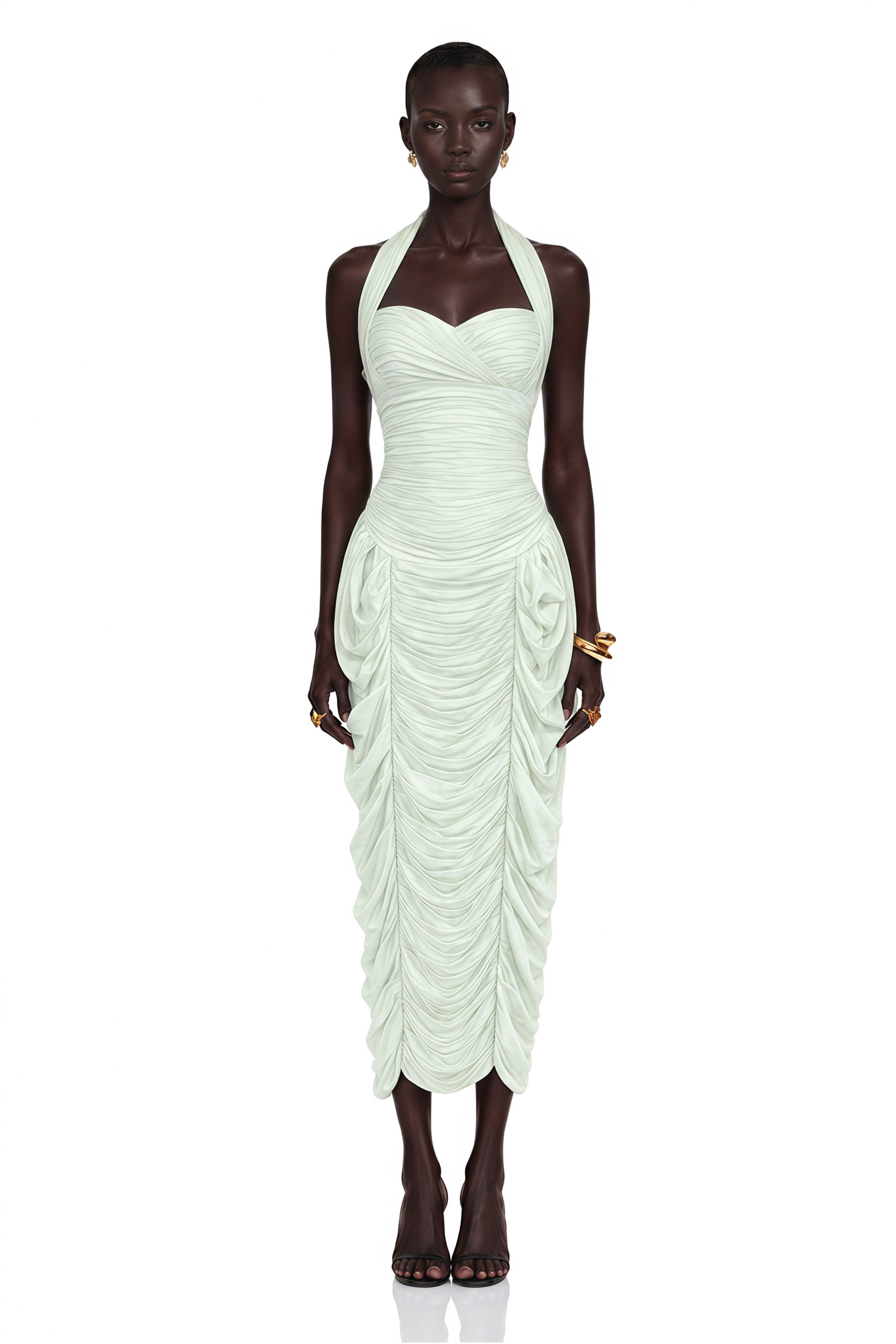 Lenora Mint Green Halterneck Ruched Midi Dress