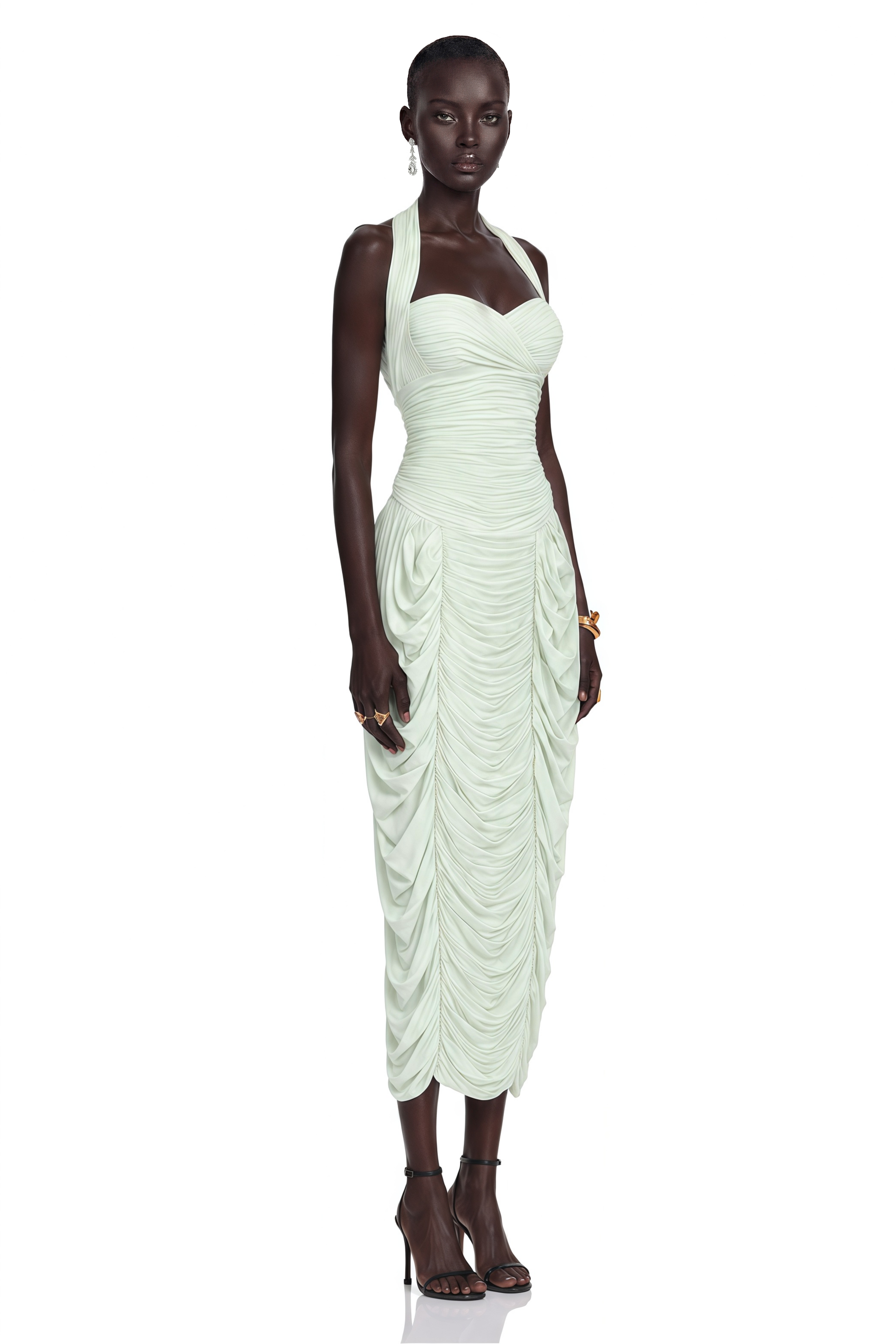 Lenora Mint Green Halterneck Ruched Midi Dress