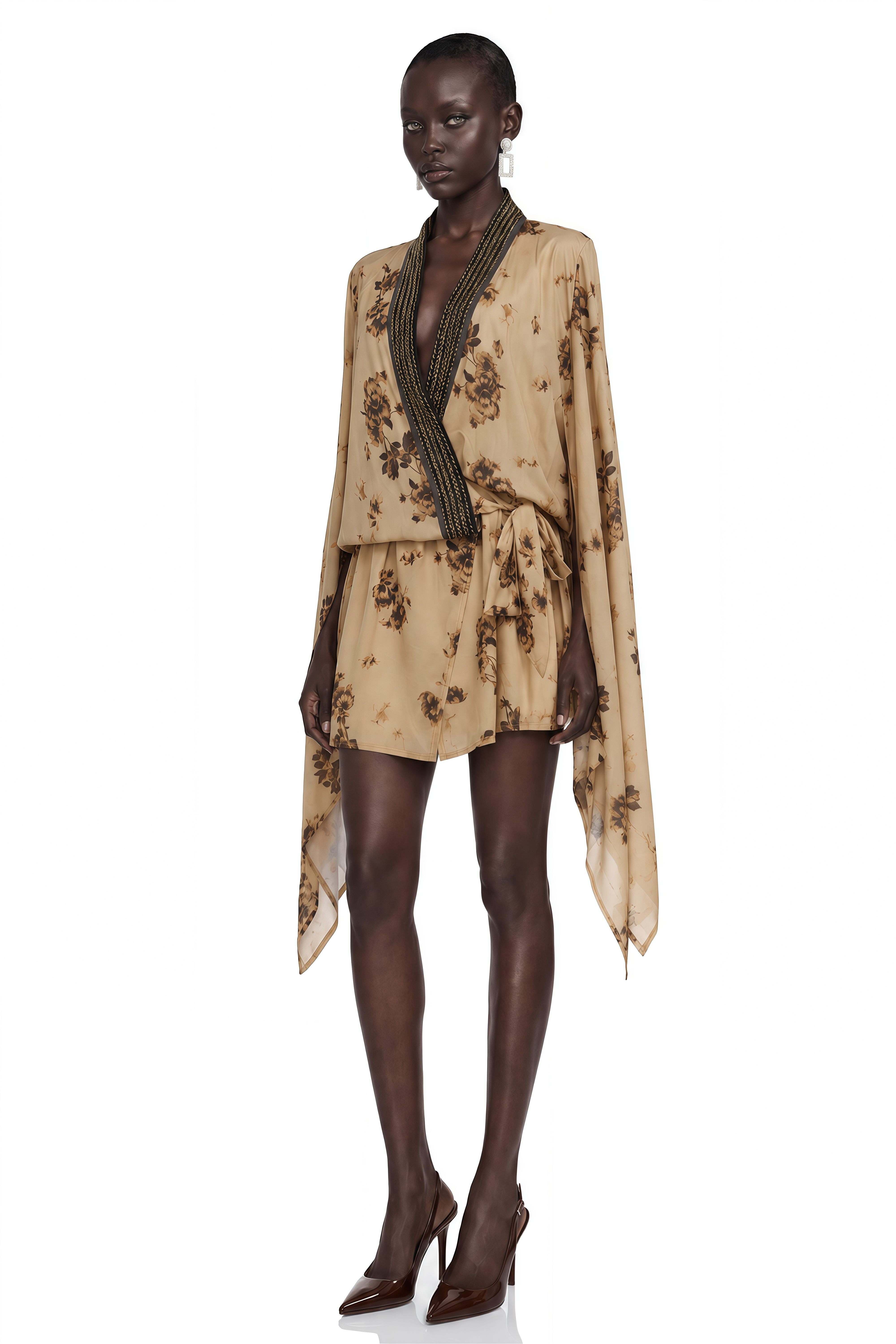 Leona Yellow Floral Print Cape Sleeve Mini Dress