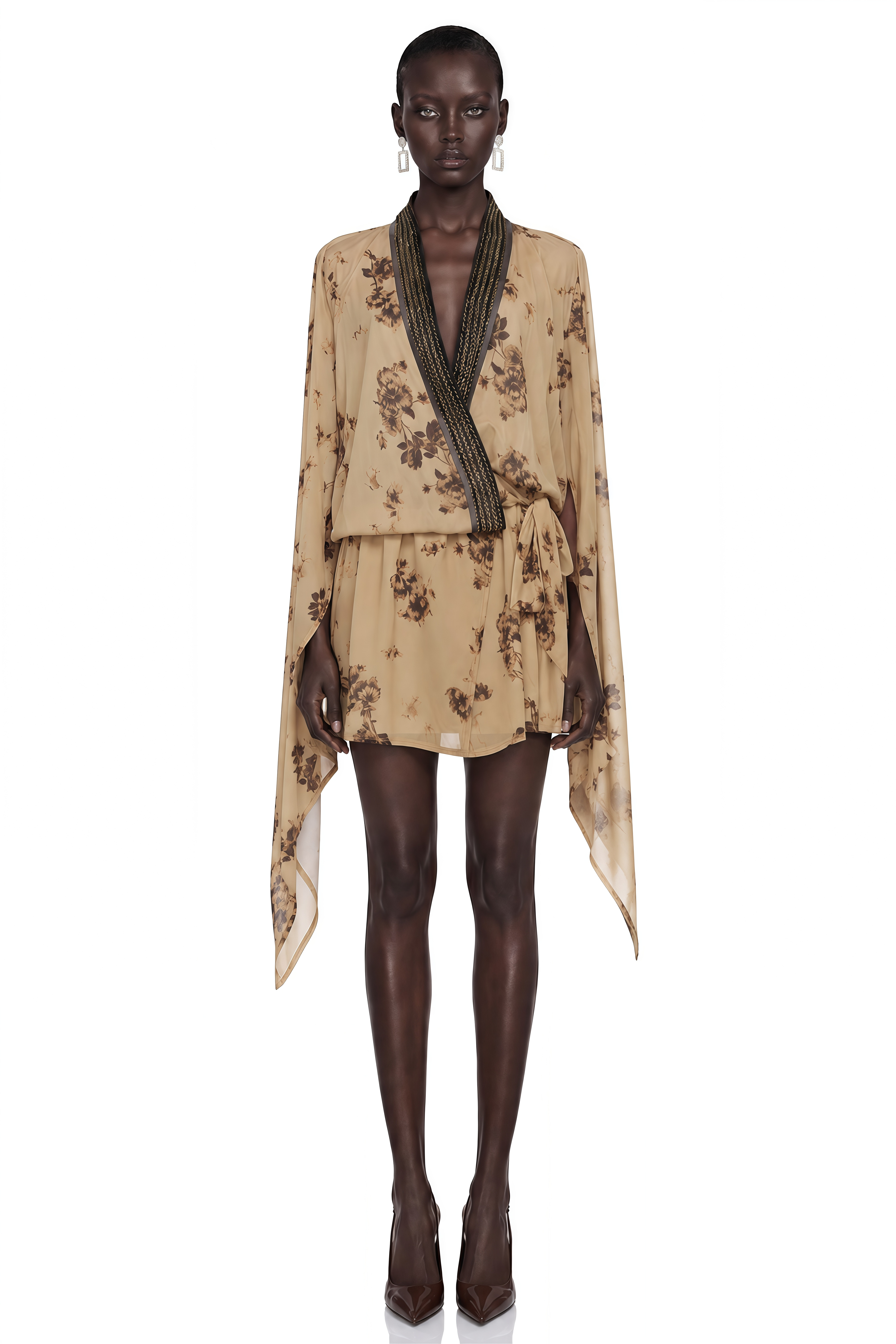 Leona Yellow Floral Print Cape Sleeve Mini Dress
