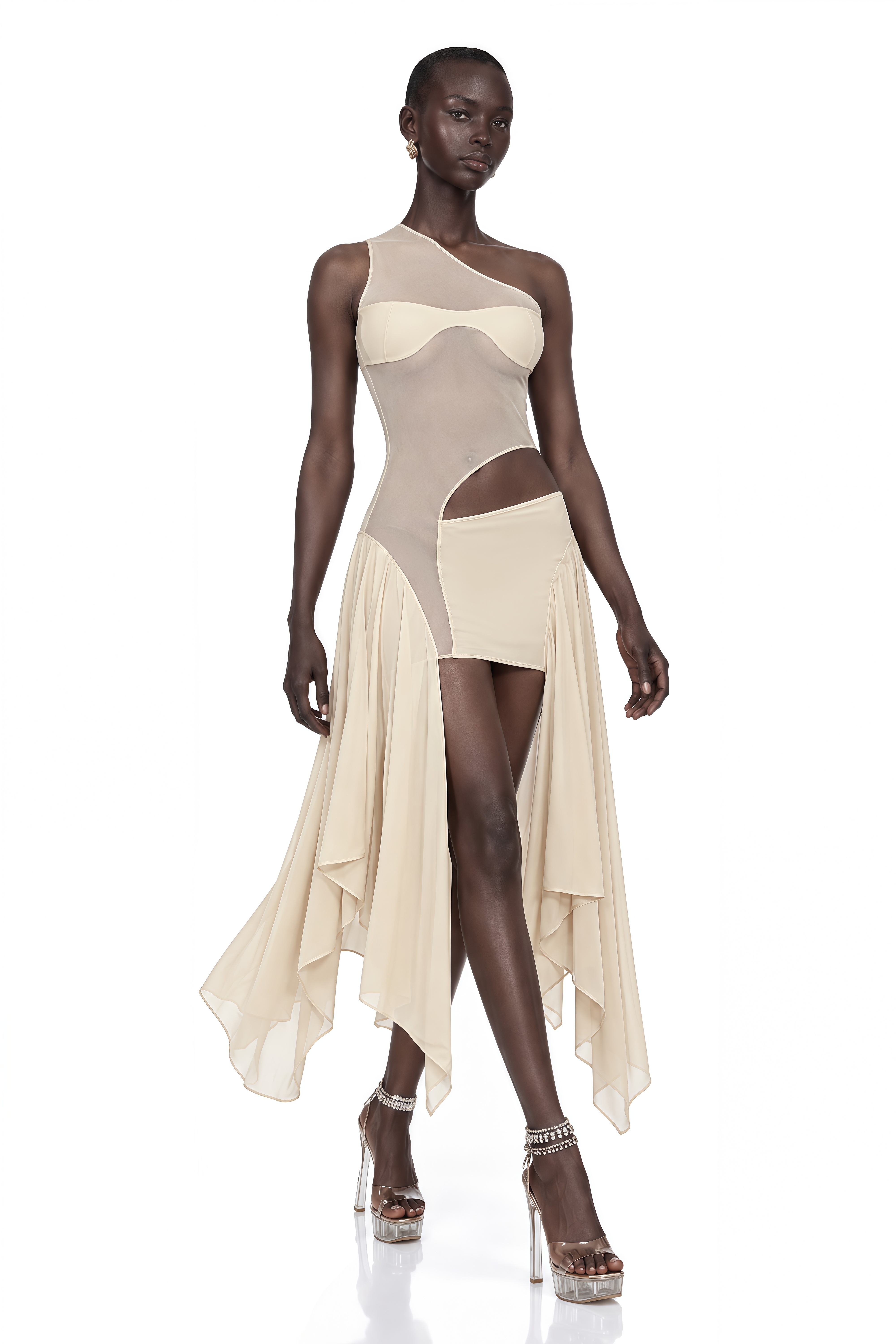 Leonie Khaki Asymmetrical Sheer Cut-Out Mini Dress