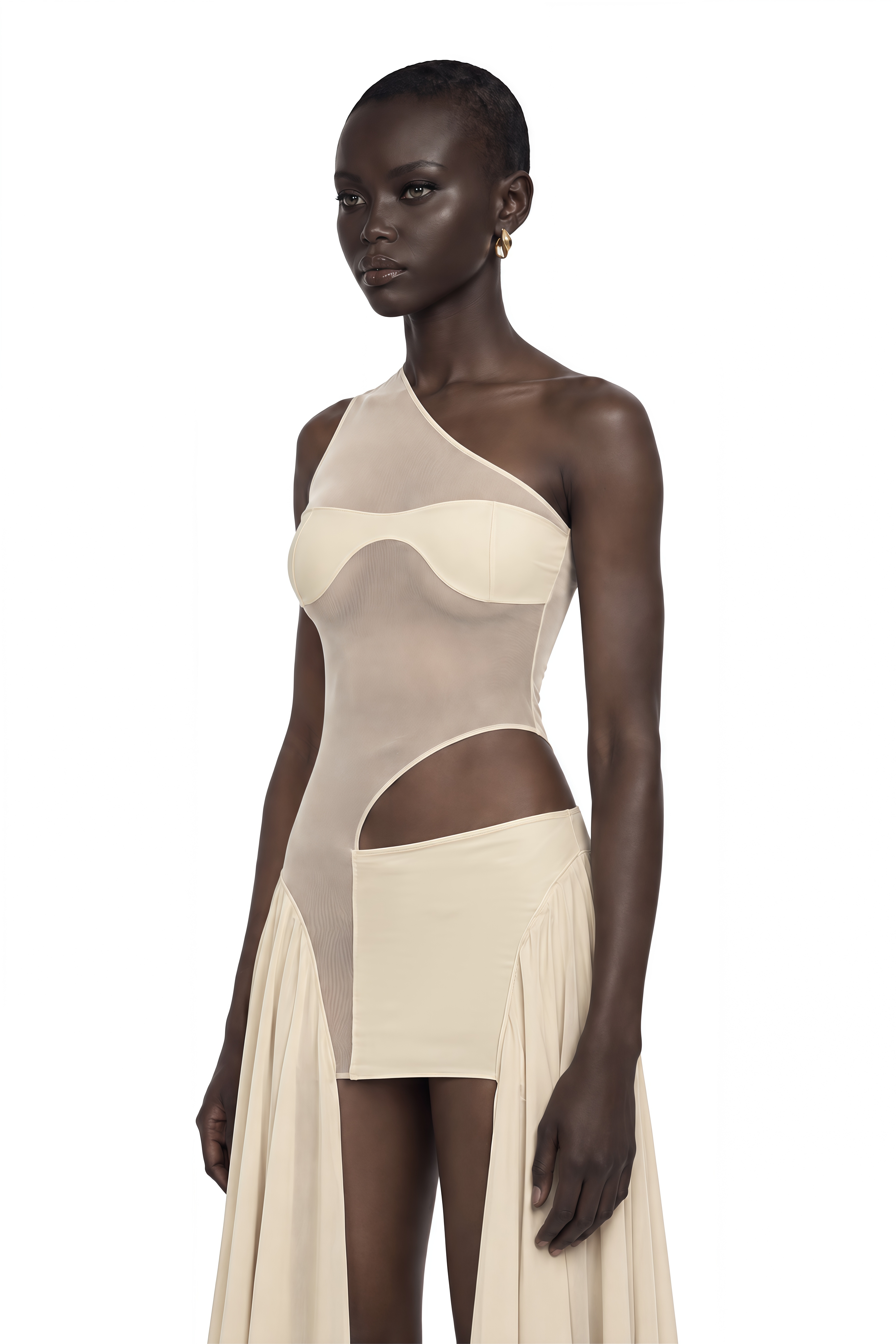 Leonie Khaki Asymmetrical Sheer Cut-Out Mini Dress