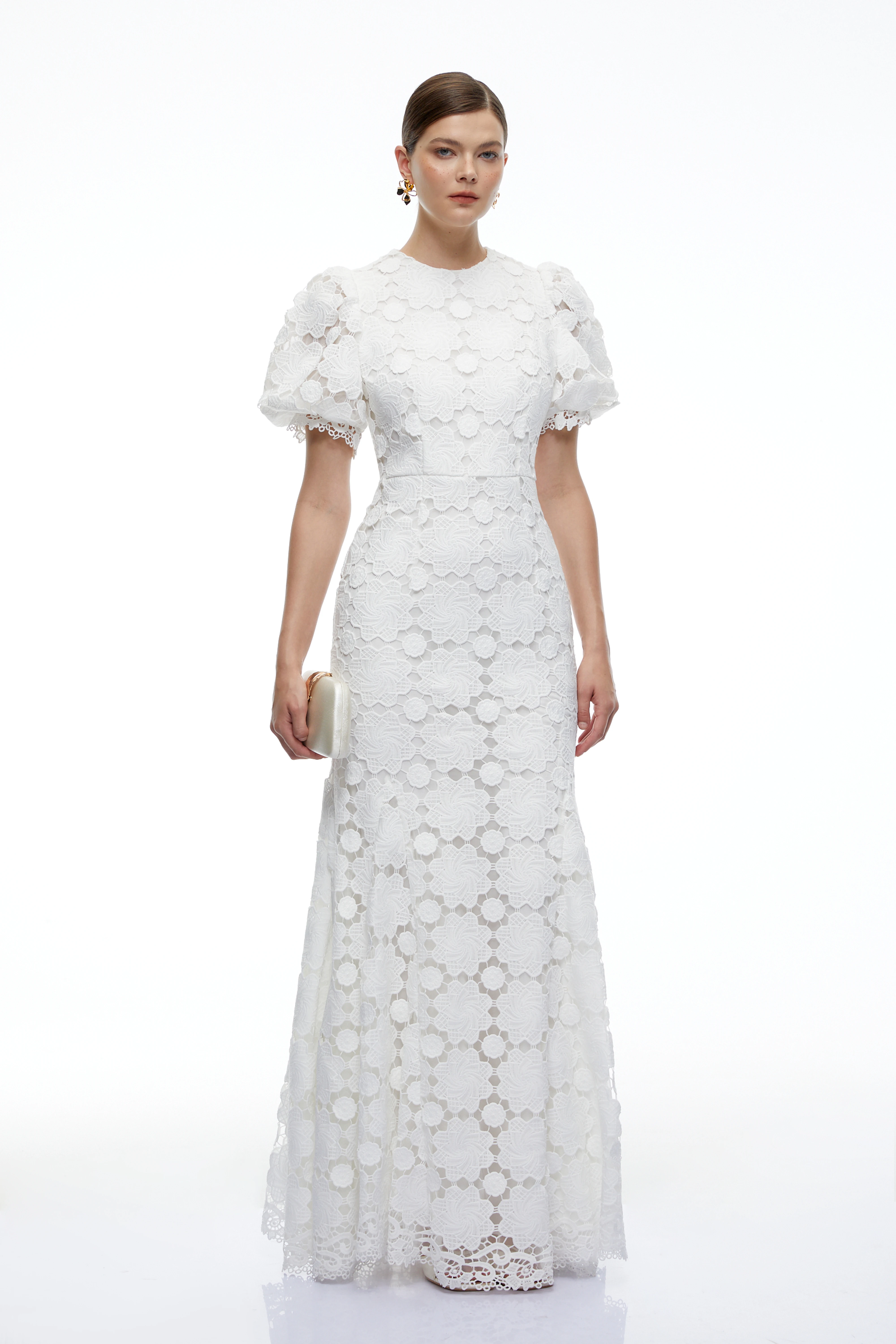 Leonie White Lace Puff Sleeve Maxi Dress