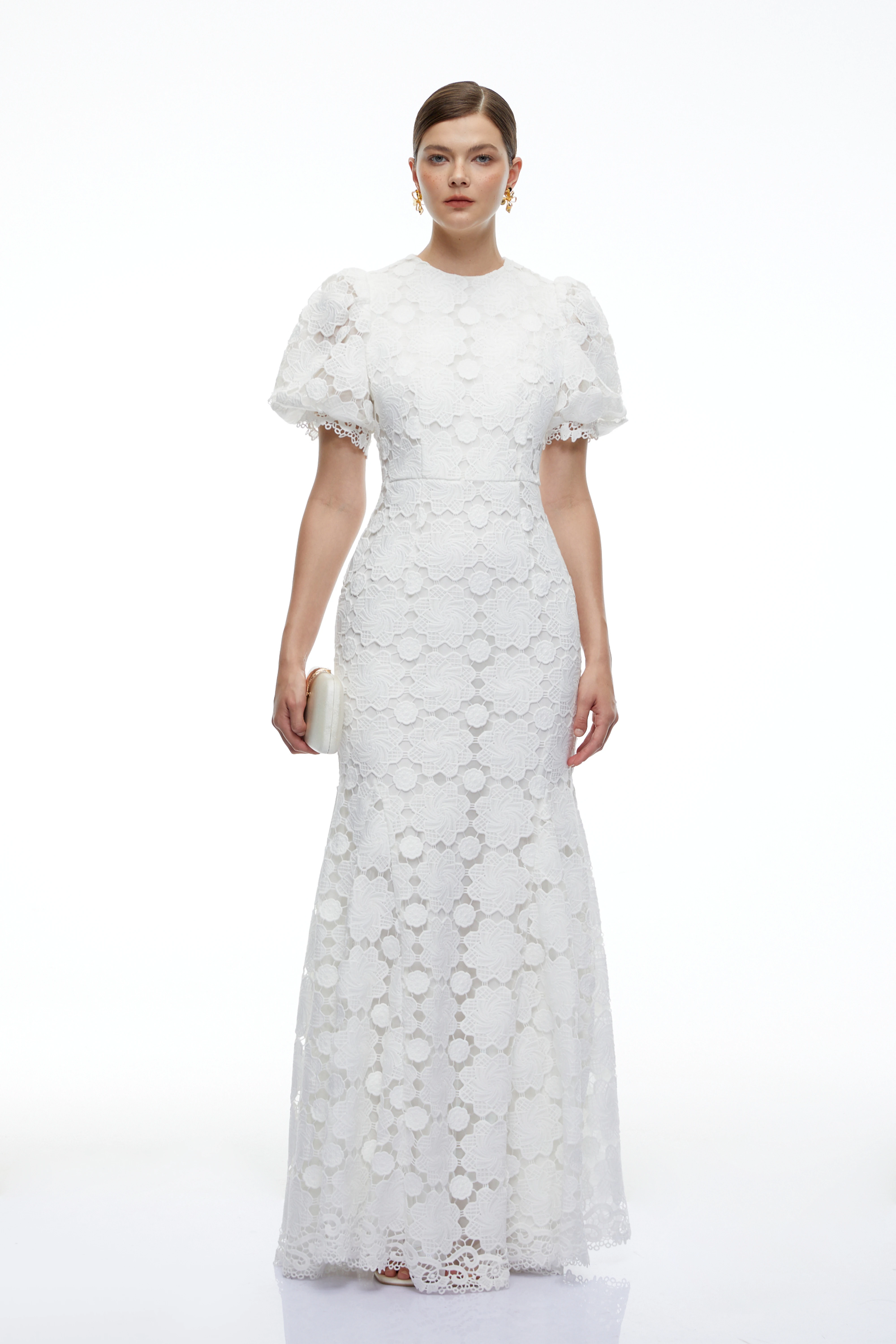 Leonie White Lace Puff Sleeve Maxi Dress