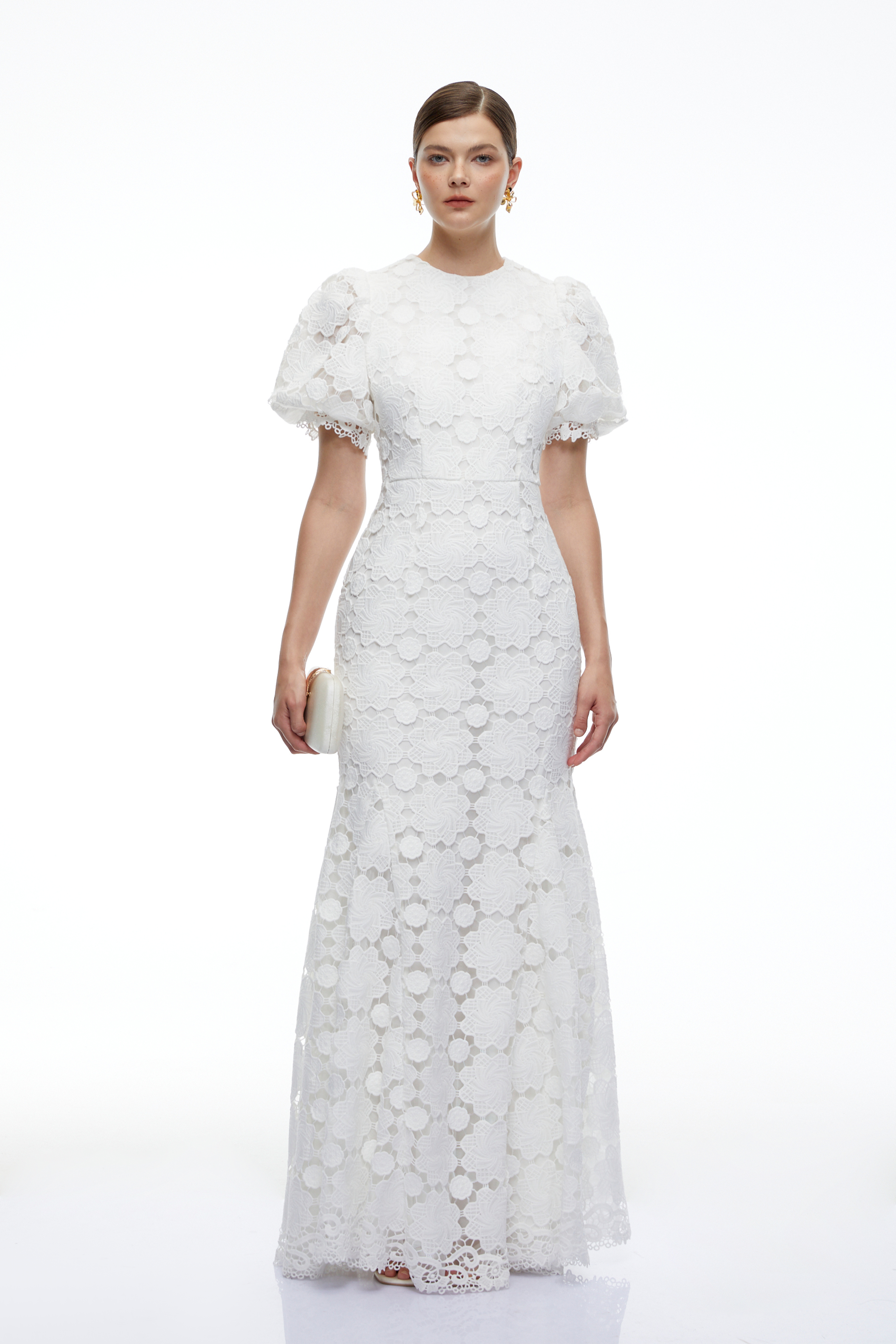 Leonie White Lace Puff Sleeve Maxi Dress