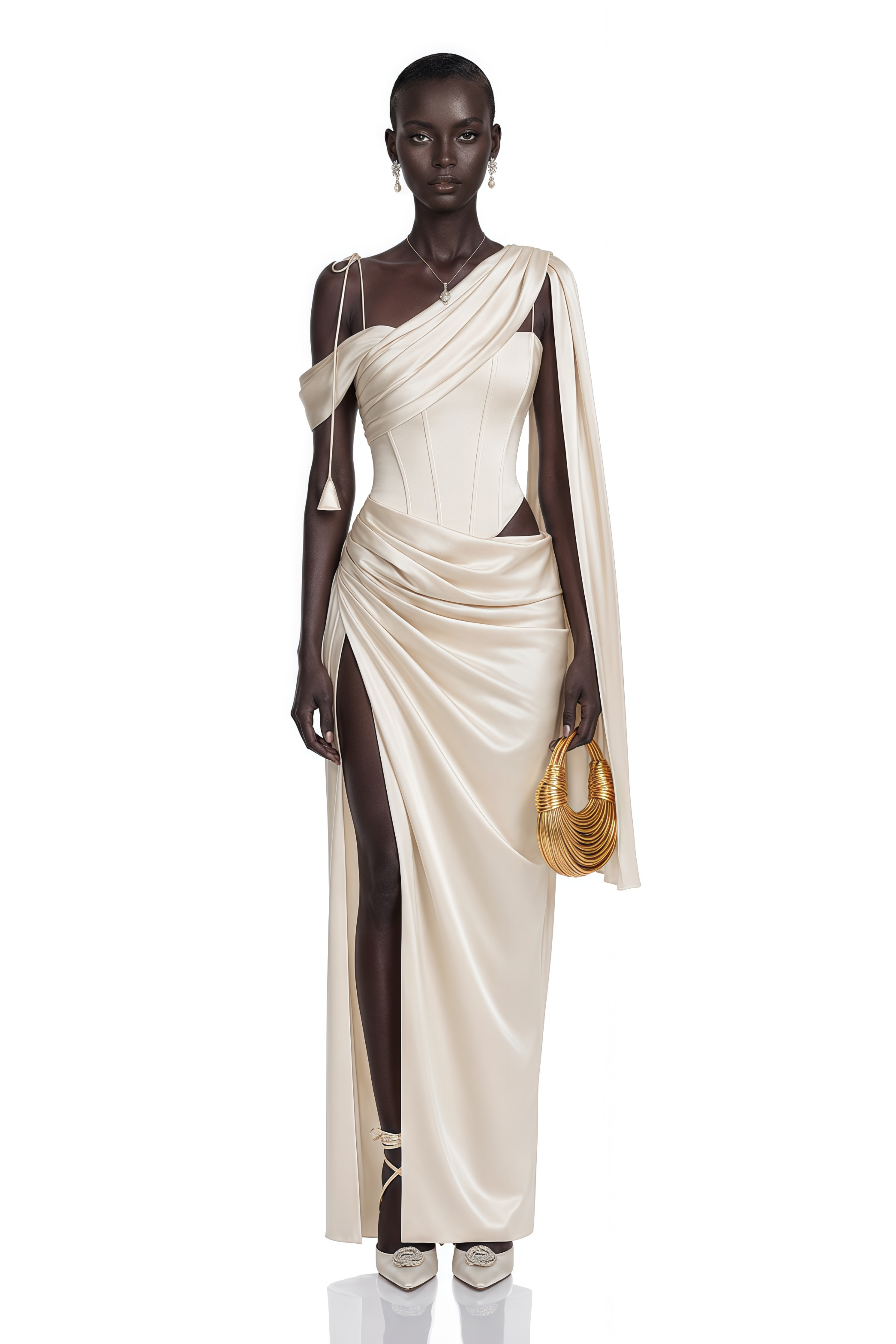 Leonie Champagne Asymmetrical Draped Maxi Dress