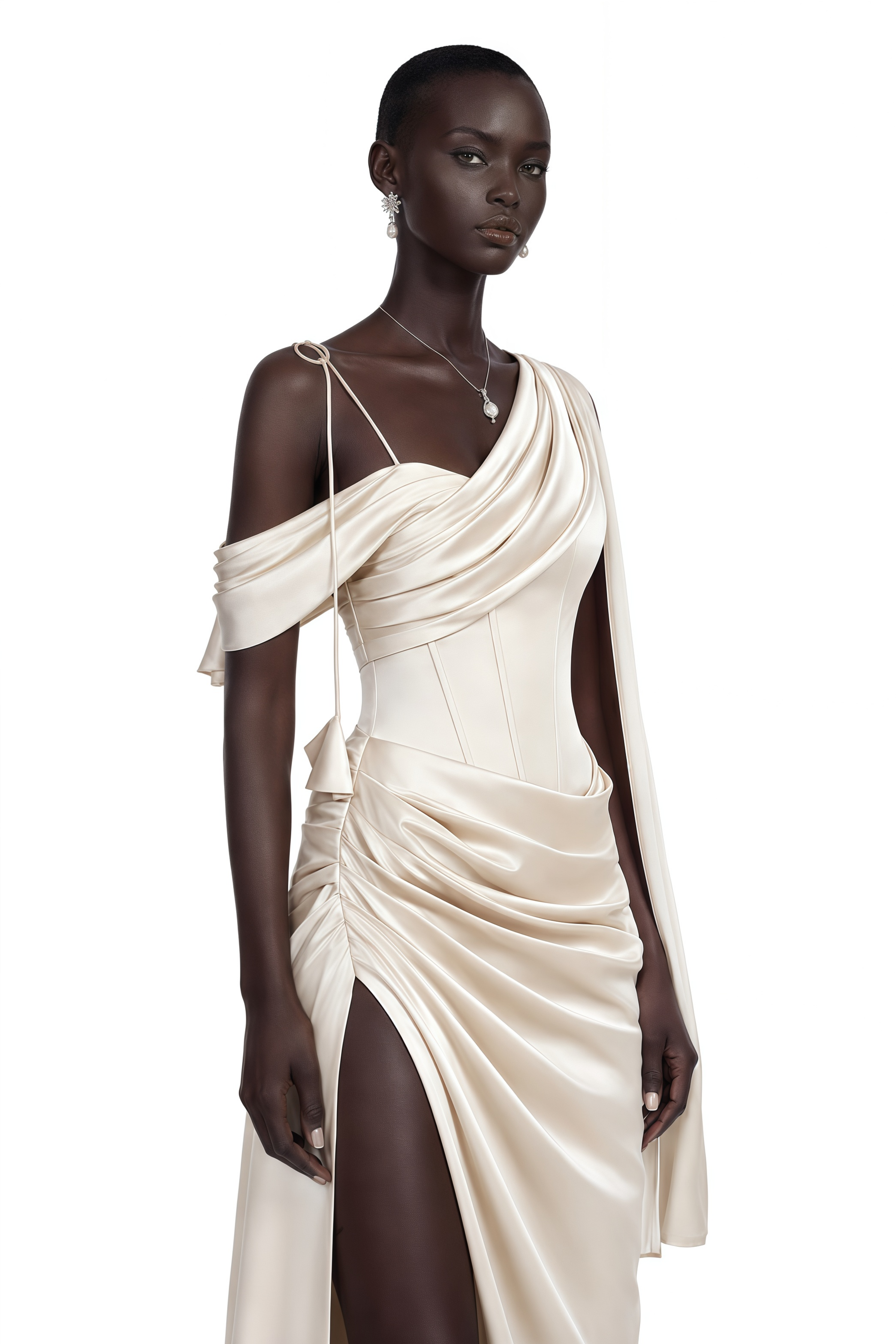 Leonie Champagne Asymmetrical Draped Maxi Dress