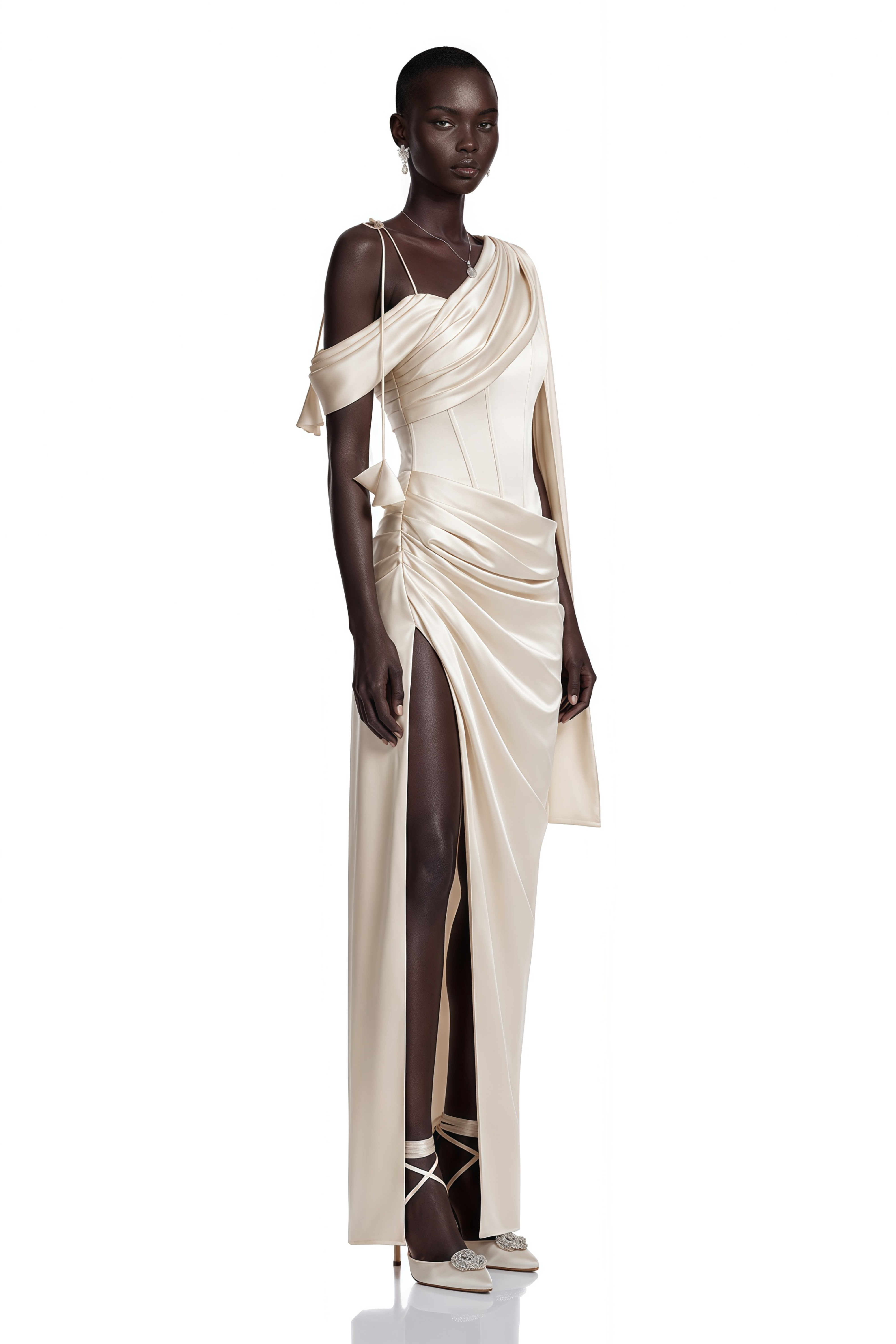 Leonie Champagne Asymmetrical Draped Maxi Dress