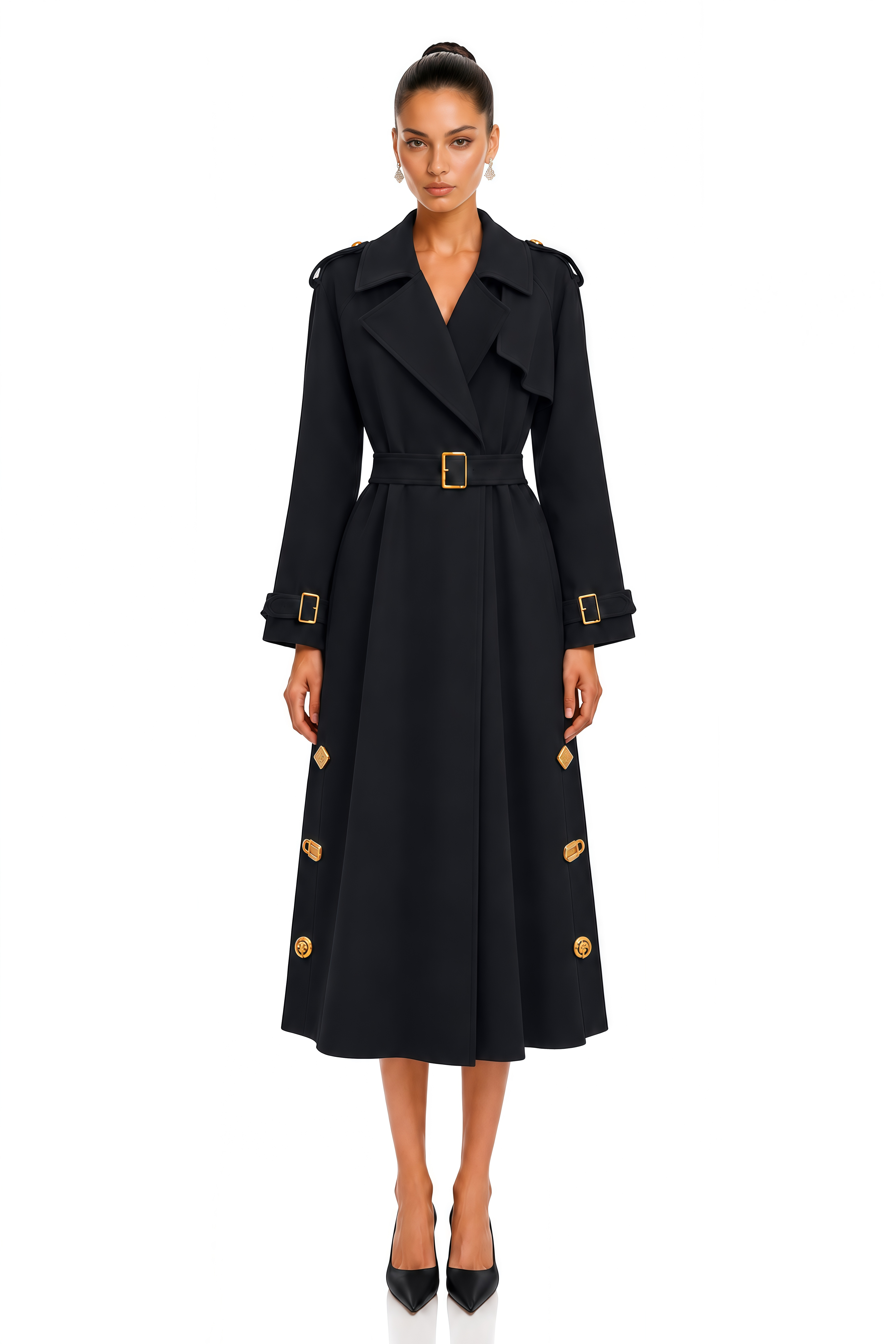 Leontine Black Gold Embellished Belted Trench Coat