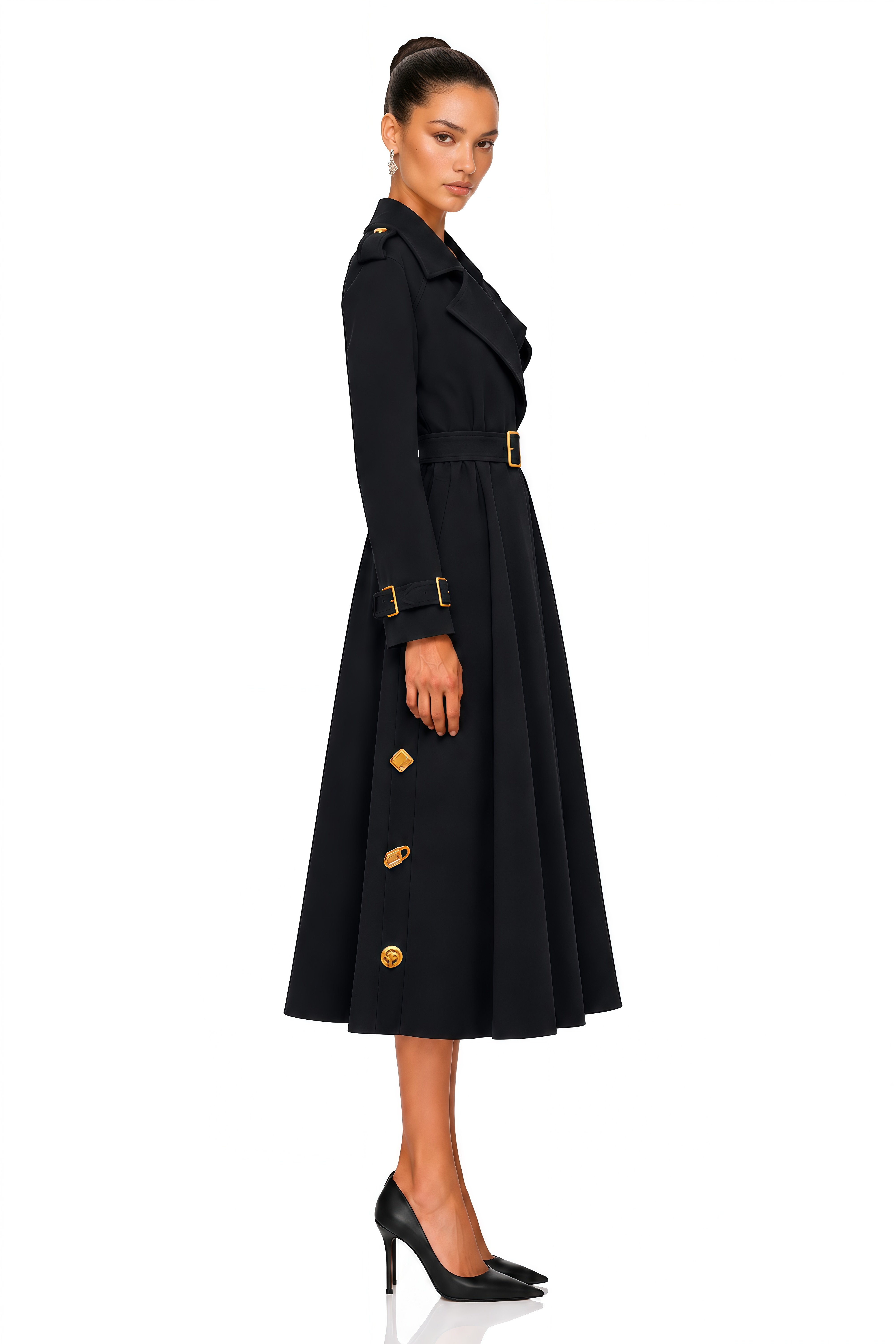 Leontine Black Gold Embellished Belted Trench Coat